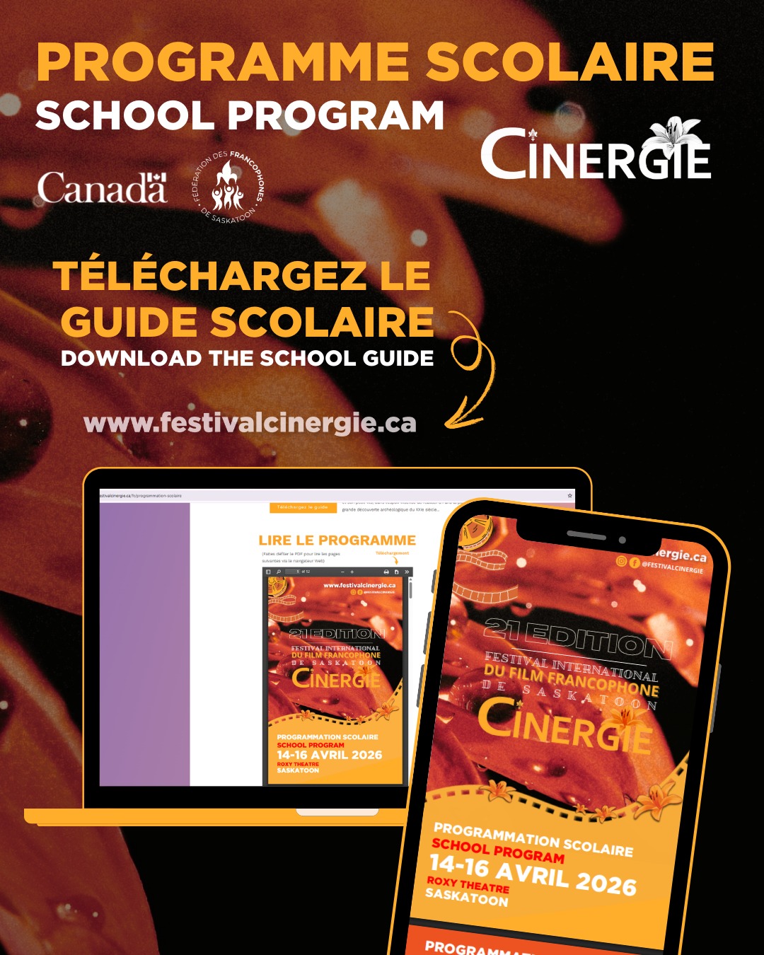 đ„ TĂ©lĂ©chargez le guide scolaire sur notre site web dĂšs maintenant pour toutes les informations sur la programmation.
đ Les guides des films scolaires sont tĂ©lĂ©chargeables directement de notre site web (page scolaire).
đŁ CINERGIE propose aux Ă©coles francophones et dâimmersion françaises de Saskatoon des films scolaires au cinĂ©ma Roxy Theatre du 14 au 16 avril 2026. ïž
âĄïž Inscrivez vos classes Ă partir de notre page scolaire sur notre site web: https://www.festivalcinergie.ca/fr/programmation-scolaire
âłïž Date limite d'inscriptions: 3 avril 2026
@SaskTel @ajfsask @francosaskatoon