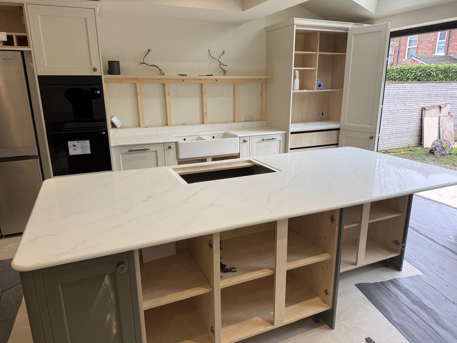 ā” Golden Thunder quartz tops with bullnosed edge detail fitted in Chorlton #quartzworktops #homeimprovement #worktopscheshire #kitchenideas #quartzworktop #kitchenworktops