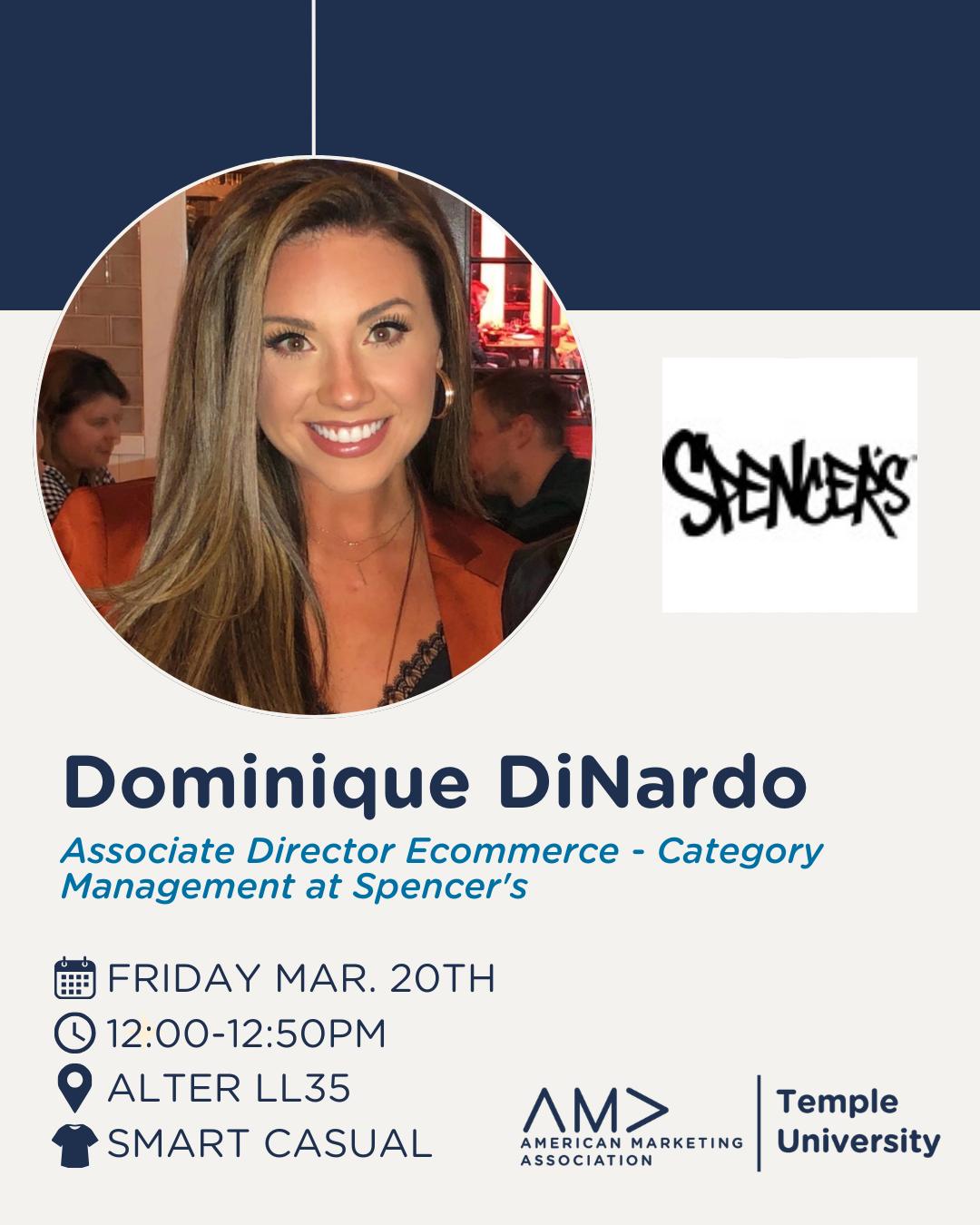 Join us as we welcome Dominique DiNardo this Friday, March 20th, in Alter LL35! 🎤
Dominique DiNardo is an eCommerce professional at Spencer’s with a background in customer engagement and category management. Come out to hear her presentation and insight into her industry 🍒
We look forward to seeing you there!