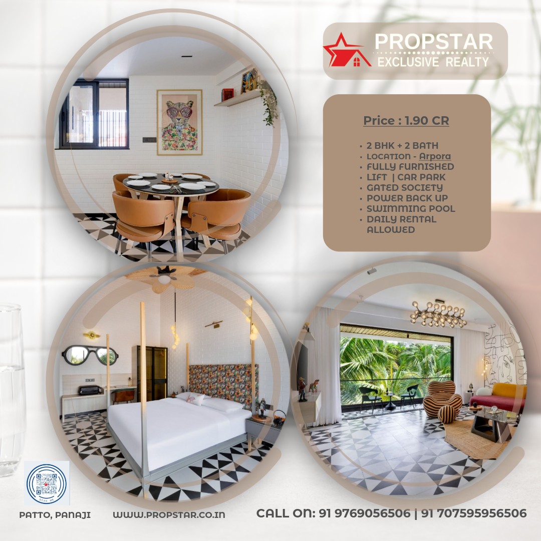 Experience the perfect blend of comfort, convenience, and high rental potential with this beautifully designed 2 BHK + 2 Bath apartment in Arpora, North Goa. Located in a well-maintained gated society, this property is ideal for both personal use and lucrative holiday rentals.
2 BHK + 2 BATH
LOCATION - Arpora, NORTH GOA
FULLY FURNISHED
LIFT | CAR PARK
GATED SOCIETY
POWER BACK UP
SWIMMING POOL
DAILY RENTAL ALLOWED