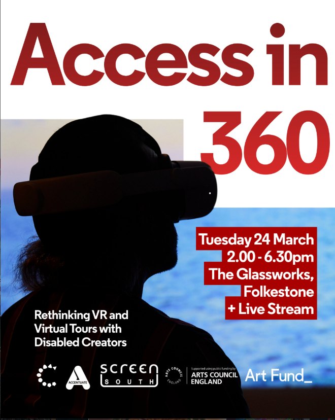 Studio Radar would like to invite you to participate to a live and streamed event on Tuesday 24 March at The Glassworks, Folkestone exploring how access can be embedded into immersive technologies from the very beginning.
Following a packed session at the Museums Association Conference, this event shares what we have learned through developing VR experiences and 360 virtual tours with disabled creatives and researchers at the centre of the process.
Too often, immersive technologies are treated as innovation first and access second. Our work demonstrates that when disabled people are involved from the outset, immersive experiences become richer, more layered and more meaningful for all audiences.
Panel Discussion | 2.00 โ 3.00pm
Featuring:
Harsha Balasubramanian
Manuel Vason (Studio Radar)
Simon Wilkinson (BrightBlack)
Karl Mercer (Curating Visibility Alumnus, Dover Museum)
Chaired by Esther Fox, Head of Screen Southโs Accentuate Programme
The panel will explore:
What access means in immersive environments
Embedding haptics, audio description, BSL and text-to-speech
The challenges of accessible VR production
What museums need to consider next
Try It Yourself | 3.30โ5.30pm
Attendees will be able to experience the At The End of History VR installation and explore five 360 virtual tours created as part of Curating for Change.
Networking | 5.30โ6.30pm
The event will be hosted at The Glassworks, Folkestone, with the discussion available via live stream for remote participants.
To book your place please contact us at info@accentuateuk.org