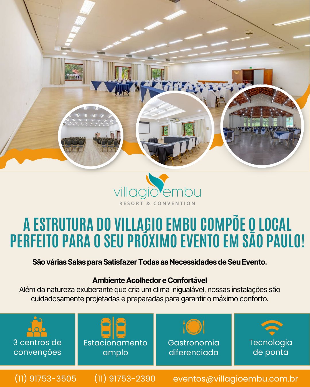 ✨ Seu evento merece um cenário à altura! 🌿
No Villagio Embu Resort & Convention, cada detalhe é pensado para transformar o seu evento em uma experiência inesquecível.
Seja para eventos corporativos, treinamentos, confraternizações ou celebrações especiais, você encontra:
🎯 Espaços versáteis e adaptáveis
👥 Capacidade para grandes eventos
🎤 Estrutura audiovisual completa
☕ Coffee break e gastronomia personalizada
🏨 Hospedagem confortável para todos os participantes
🌳 Um ambiente incrível em meio à natureza
Tudo isso a poucos minutos de São Paulo, com fácil acesso e uma estrutura completa para surpreender seus convidados.
💼🌿 Mais do que um evento, uma experiência completa!
📲 Solicite seu orçamento:
WhatsApp: +55 (11) 91753-3505
WhatsApp: +55 (11) 91753-2390
📧 eventos@villagioembu.com.br
#VillagioEmbu #EventosCorporativos #EventosSP #Convenções #Treinamentos #EventosEmpresariais #HotelParaEventos #ResortPertoDeSP #EventosComEstilo