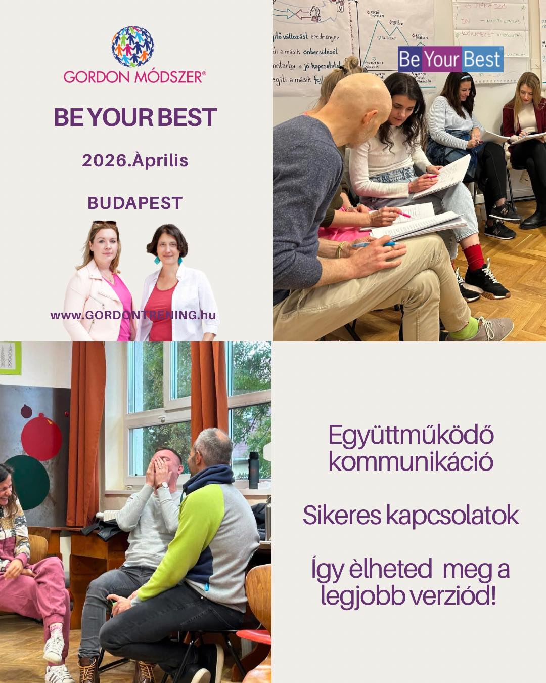 💜 Miért az a neve: Be Your Best?
Amikor először halljuk ezt a kifejezést, sokan azt gondolják:
„a legjobbnak lenni”, „tökéletesnek lenni”, „még jobban teljesíteni”.
De a tréning során általában kiderül, hogy valójában nem erről szól.
A Be Your Best inkább arról a pillanatról szól, amikor egy kapcsolatban végre önmagad lehetsz.
Amikor nem kell védekezned.
Nem kell megfelelned.
Nem kell elhallgatnod azt, ami benned van.
Amikor el tudod mondani, amit érzel.
És meg tudod hallani a másikat.
Amikor egy nehéz helyzetből nem győztes–vesztes történet lesz, hanem megértés.
A Gordon módszer számomra erről szól:
olyan kapcsolatokról, amelyekben helye van mindkét embernek.
És amikor egy kapcsolatban valóban jelen lehetsz —
akkor történik valami érdekes.
Nyugodtabb leszel.
Magabiztosabb leszel.
Őszintébb leszel.
És valahogy közelebb kerülsz ahhoz az emberhez, aki valójában vagy.
Talán ezért lett a tréning neve Be Your Best.
Nem azért, mert tökéletesnek kell lennünk.
Hanem mert amikor a kapcsolatainkban önmagunk lehetünk,
akkor tudunk igazán kiteljesedni — és a legjobb életünket élni.
✅ próbáld ki Te is! 👉 https://forms.gle/PNs2EhQiBiSpCq9TA
✨
Ha volt már ilyen pillanatod a tréning óta,
szívesen olvasnánk róla.