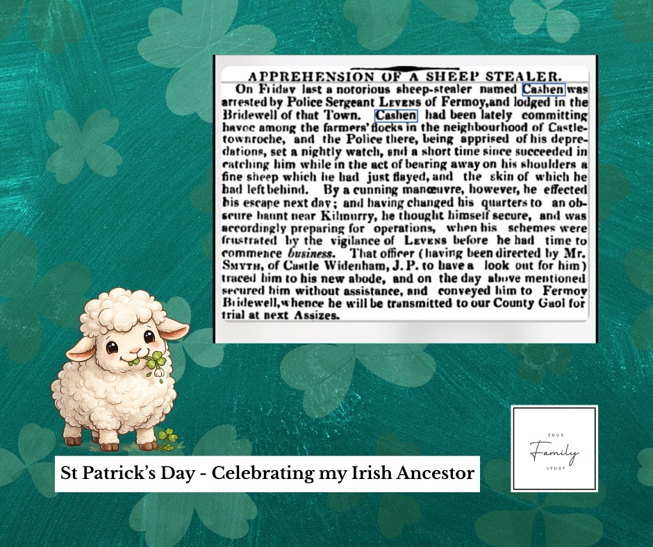 My third great grandfather was an Irish convict, and recently I was fortunate enough to find the newspaper article describing his arrest.
Through my rose coloured glasses, I had imagined a rather tragic scene. Perhaps he stole a sheep because he was starving and desperate for food.
The reality wasâŚsomewhat different.
He was described as a ânotorious sheep stealerâ who had been âcommitting havoc among the farmersâ flocks.â
Not quite the romantic tale I had in mind.
His arrest, conviction, and transportation to Australia ultimately began my familyâs story here.
Today Iâm raising a glass to the Irish ancestor who started it all. âď¸
#StPatricksDay #IrishAncestry #FamilyHistory #yourfamilystoryau