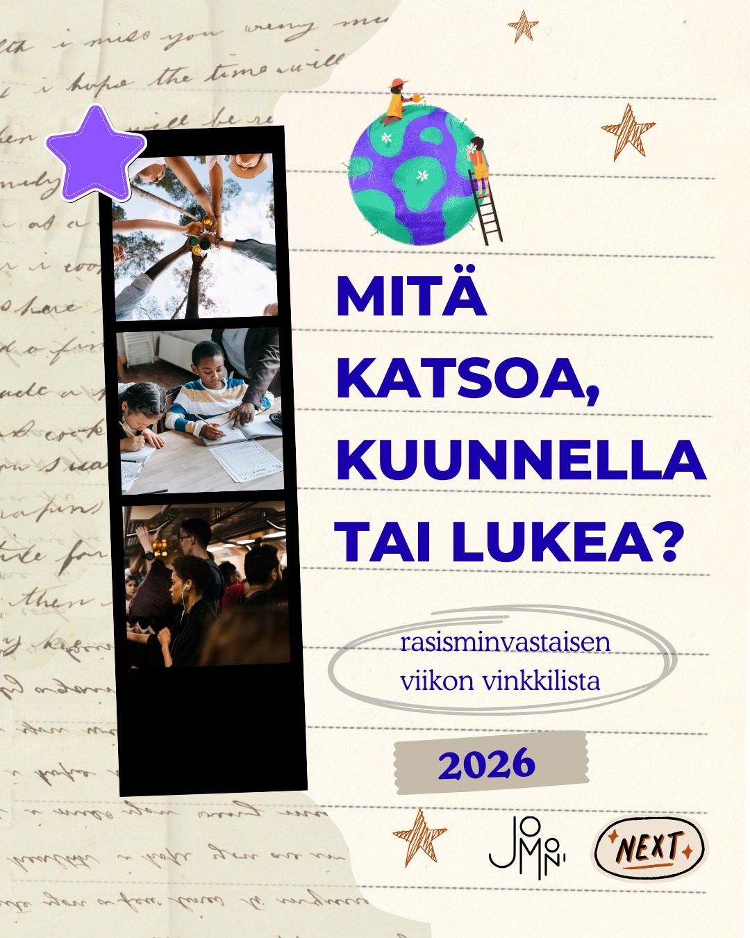 🇬🇧 In English below
Looking for recommendations on what to watch, listen to, and read? Check out these tips from Jomoni! 🗣️
• The urgency of intersectionality (2016), Kimberlé Crenshaw
In a TED Talk video (19 min), civil rights activist Kimberlé Crenshaw explains what the intersection of race and gender, intersectionality means. The video is in English.
• Experiences of racism (2021), NSH England
A video (8 min) on the UK National Health Service’s YouTube channel discusses why it is important to talk about race in the workplace. The video is in English.
• YouTube- channel: Almost Finns (2018-), @almostfinns
Eric (Spain), Karim (Egypt), and Dawda (Gambia), who live in Finland, create humorous content about Finnish culture. The content is in Finnish, with subtitles in various languages.
• Everyday Racism (2025), Kohtaamisia.podcast
On this podcast episode, high school students from Tampere discuss everyday racism in the form of microaggressions, direct racism, and structural racism. The podcast episode is in Finnish.
• Why I'm No Longer Talking to White People About Race (2018), Reni Eddo-Lodge
In this book, Eddo-Lodge discusses, among other things, the erasure of Black history and the privileged position of white people. The book is available in various languages.
• “Sori vaan kaverit, mutta olen somali” (2013), Normit nurin- guide
This article is part of the guide Normit nurin! (2013), pp. 19–21. The guide is intended for teachers, but it may be useful to anyone interested in the topic. The text is in Finnish.
• I’m more than an ‘other’ (2015), Meghan Markle
Meghan, Duchess of Sussex, writes about her mixed-race identity and finding her voice. The article is in English.
• “Miksi minun pitäisi sopeutua? Monikulttuurisuus suomalaisten puheessa” (2019), Emma Nortio
In this article, researcher Emma Nortio (February 7, 2019) examines the nature of the multiculturalism debate in the speech of Finns. The article is in Finnish.
#rasisminvastainenviikko #againstracismweek