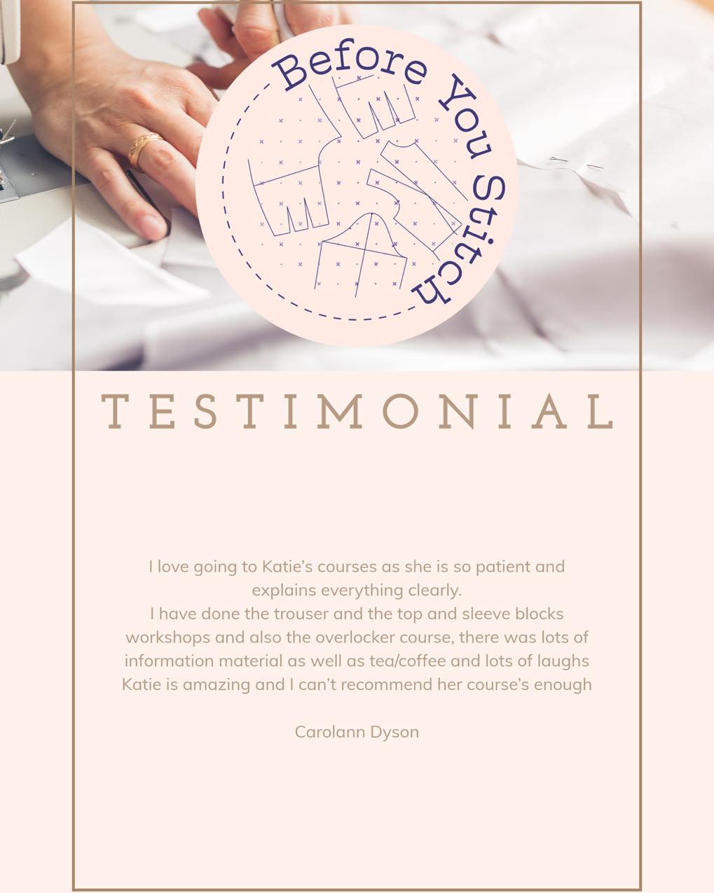 “I can’t recommend her courses enough.”
Carolann has been to multiple workshops, from trouser blocks to bodice blocks and overlocking, and that’s always the biggest compliment.
Clear, practical teaching, plenty of support, and a relaxed space to learn (with lots of laughs along the way).
Thank you so much Carolann 💛