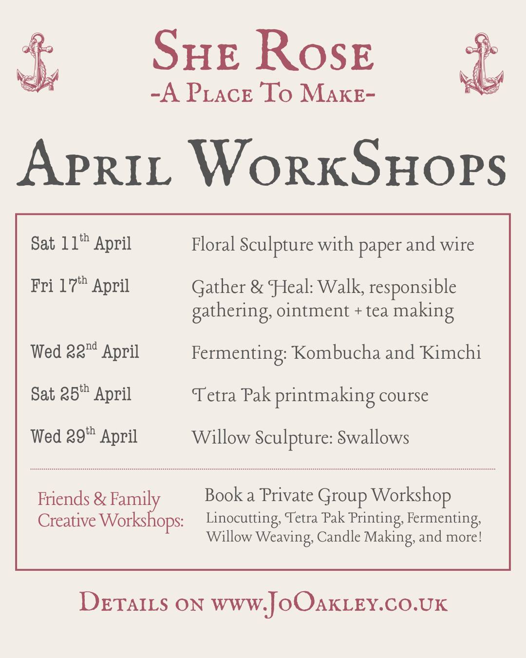 There is a long table in the gallery, dented, scored and marked with paint splatters.
Come and gather in She Rose with like-minded souls and push your creative boundaries, learn a new skill, and make something beautiful.
For example, come and try:
🖼 Tetra Pak - design and print
🖼 Linoprint - design and print
🧺 Willow Weaving - baskets and decorative items
🌷 Sculpt delicate flowers from wire and paper
🥬 Fermentation for gut health
🌿 Responsible foraging and ointment-making
🕯 Aromatherapy candle making
🔗 link in bio for info on all the workshops.
See you around the table!
Jo x
-------------------
📍She Rose Gallery
165 Mortimer Street,
Herne Bay
Kent, CT6 5HE
e: Jo@jooakley.co.uk
w: jooakley.co.uk
