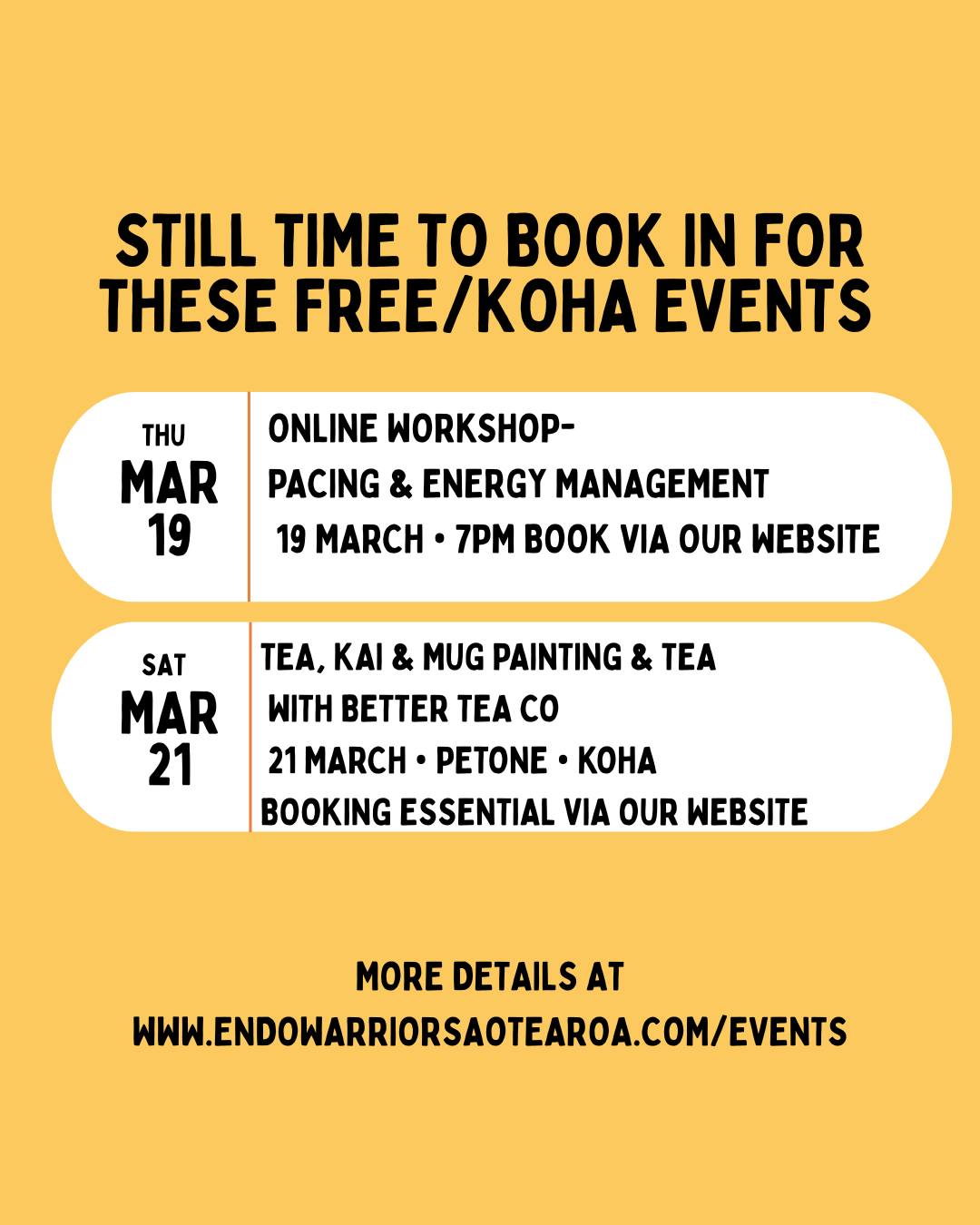 Kia ora whÄnau đ
A little reminder of whatâs coming up with Endo Warriors Aotearoa this week â and thereâs still space to join us.
⨠Tonight â Online Workshop (7pm)
Pacing & Energy Management
Learn practical tools to help manage energy, reduce flare-ups, and break the boom-and-bust cycle when living with endometriosis and persistent pain.
A small, supportive space with time for kĹrero and connection.
đ¨ Saturday â Mug Painting in Petone
A gentle, creative space to pause, connect, and just be.
No pressure, just community, creativity, and a chance to fill your cup (literally and figuratively). Everyone welcome.
Both are free / koha-based, because support should always be accessible.
There are still spaces available for both â we would love to have you join us đ
đ Book via the link in our bio
www.endowarriorsaotearoa.com/events
Come as you are.
You are always welcome here.
#EndoWarriorsAotearoa #EndometriosisSupport #ChronicIllnessCommunity #WellingtonEvents #EndoAwareness
