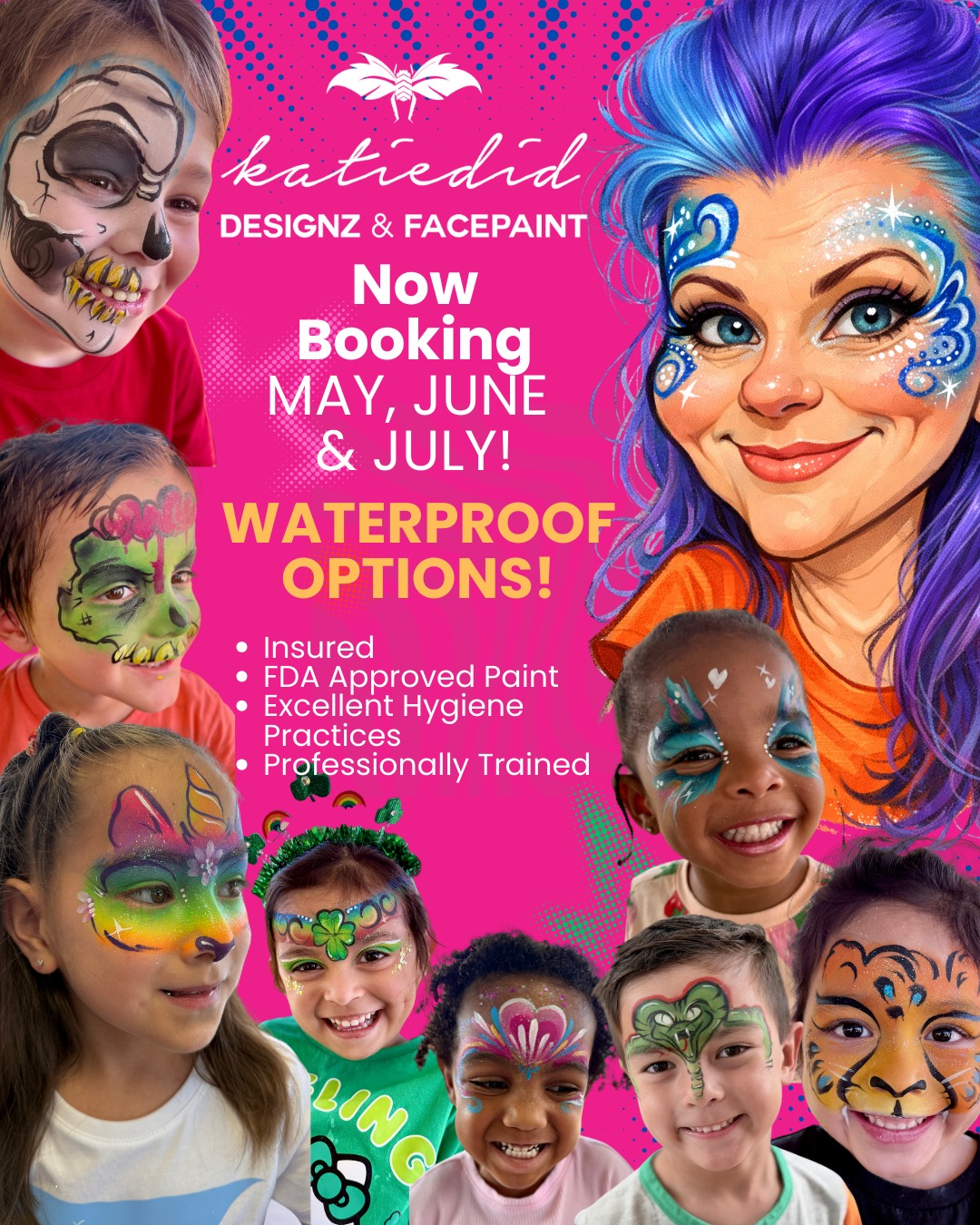 Are you planning your summer event and not sure if adding a face painter is a good idea with the heat? NO WORRIES! KatieDid Designz offers WATERPROOF face paint and airbrush tattoos! Perfect to keep the paint on through sweat, cannonballs, and water slides!
Check out my rates and learn more about my services at the link in bio.
Serving Southeast Texas (Brazoria County, Houston, Galveston & More*)
*Travel fees apply. See website for details.
#facepainter #houstonfacepainter #galvestonfacepainter #brazoriacounty #houston