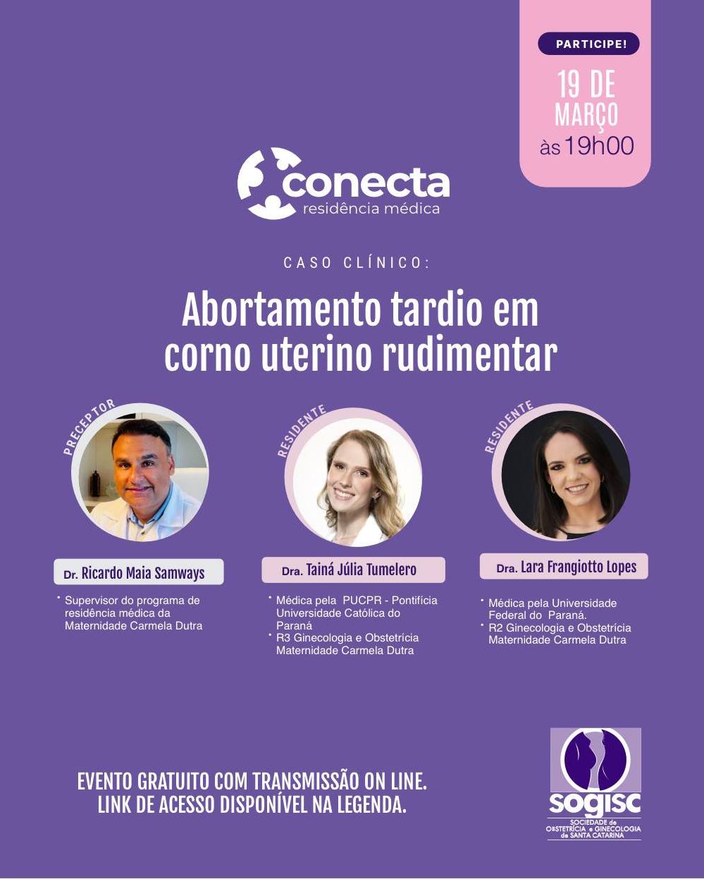 A SOGISC abre o calendário do Conecta Residência Médica com a nova edição nesta quinta-feira, 19 de março, a partir das 19h.
O tema da noite será: “Abortamento tardio em corno uterino rudimentar�” e contará com a coordenação do Dr. Ricardo Maia Samways � que será o preceptor, e a participação dos residentes Dra. Tainá Júlia Tumelero� e Dra. Lara Frangiotto Lopes, ambas do Programa de Residência Médica de Ginecologia e Obstetrícia da Maternidade Carmela Dutra.
Detalhes do evento:
🗓Data: 19/03(quinta-feira)
⏰Horário: 19h00
🎓Evento gratuito e exclusivo para profissionais da saúde, residentes e associados da Sogisc.
Acesso gratuito online via ZOOM:
🔗Link para acessar://bit.ly/Conecta012026
🆔ID da reunião: 899 1663 2284
🔑Senha: 099626
Não perca essa oportunidade de aprimorar seus conhecimentos e interagir com especialistas da área!
#SOGISC #Ginecologia #Obstetrícia #ConectaResidência #ConectaSogisc