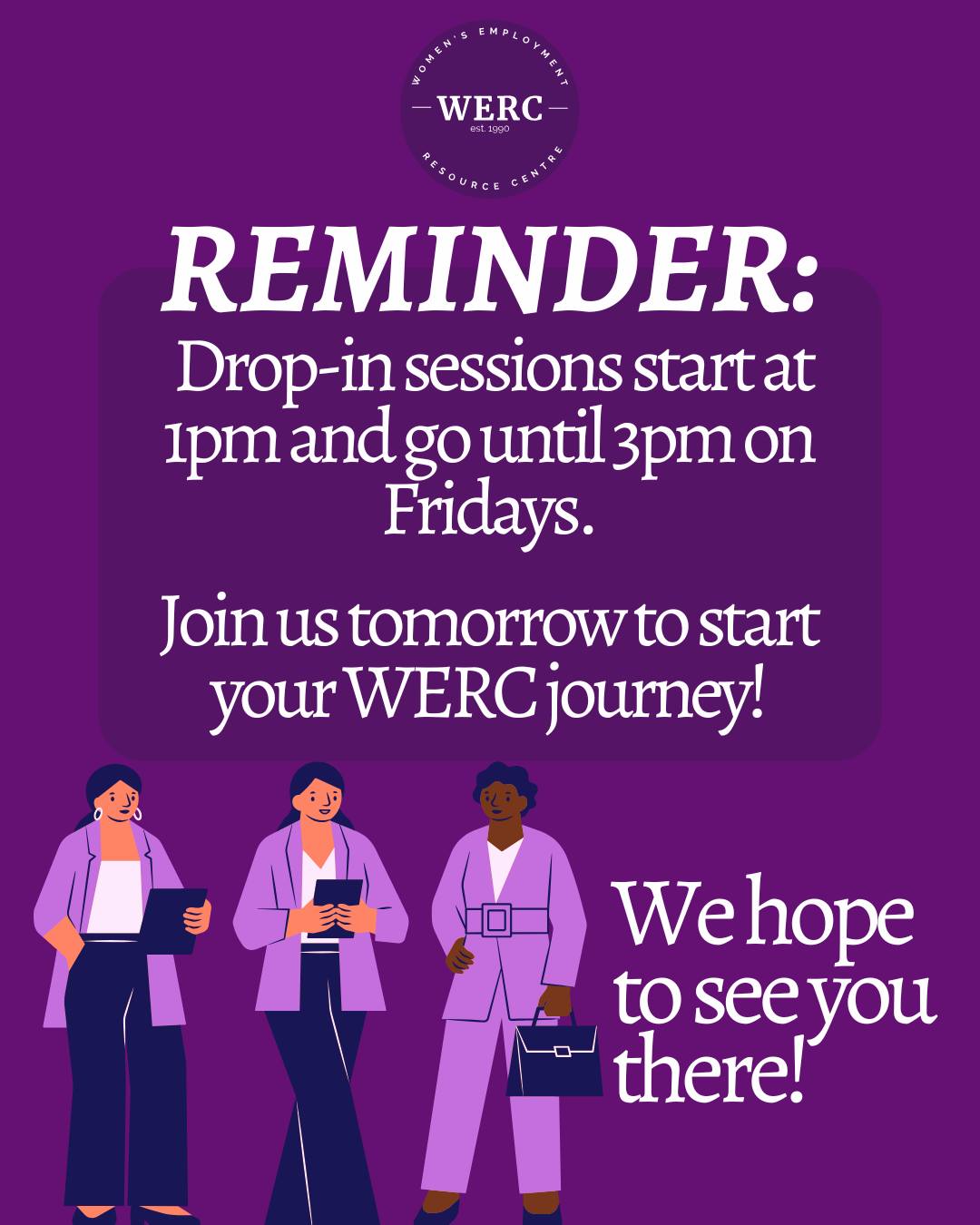 ATTENTION: We're hosting a drop-in session tomorrow to help you kickstart your job search! Staff will be available in our Resource Room between 1 and 3pm to help you with resumes & cover letters, or to answer any questions you may have about our services 💜
#womensupportingwomen #oxfordcounty #womensemployment #werc