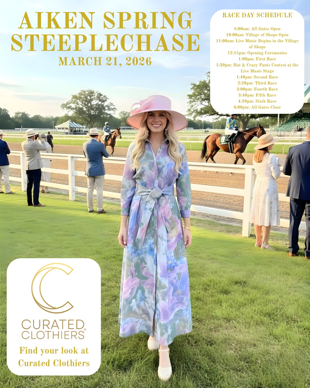 So excited for the upcoming Steeplechase! 🏇🏿 The atmosphere, the horses, and, of course, the incredible fashion. We can't wait to see everyone's incredible style on the field!
Don't wait until the last minute! Stop by Curated Clothiers this week to shop for all your Race Day essentials and ensure you’re the best-dressed on the field. Let us help you find your winning look! 🏇💨
#AikenSC #Steeplechase #RaceDayOOTD #CuratedClothiers #AikenEvents #SpringFashion #aikensteeplechase