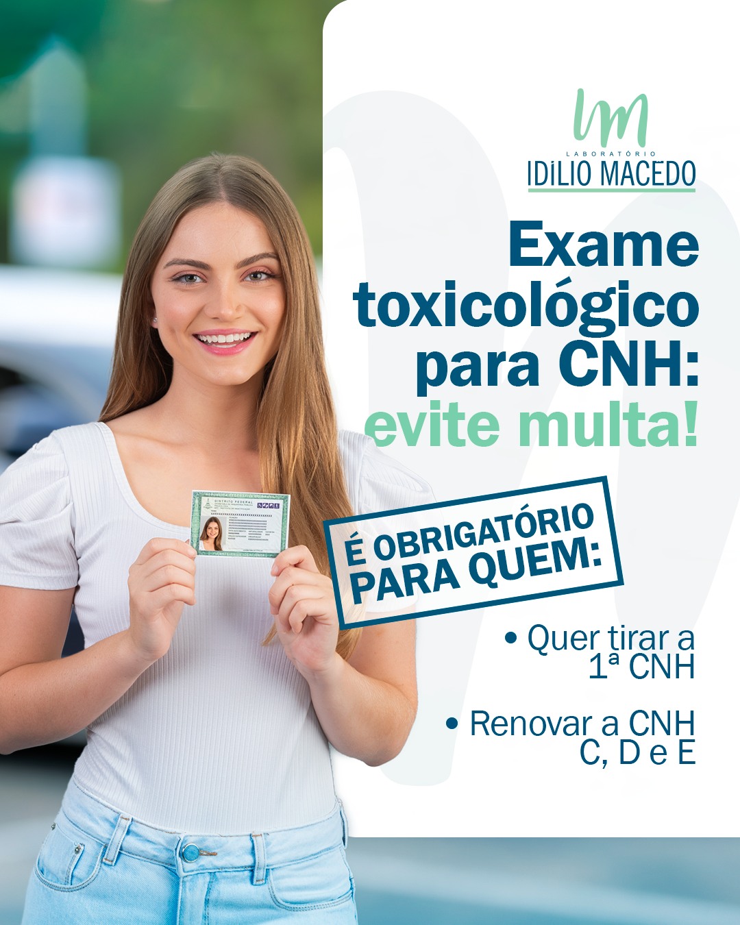 🚛 Se você vai tirar a 1ª habilitação ou renovar a CNH C, D ou E, deve fazer o exame toxicológico. A partir de amostras de cabelo, pelo ou unha, essa análise identifica o uso de determinadas substâncias psicoativas nos 90 dias anteriores.
Quem faz o exame dentro do prazo evita multas e garante e direito de dirigir. Então, previna punições! Fale com nossa equipe e peça um orçamento do toxicológico. 🚗
Laboratório Idílio Macêdo🖱️ laboratorioidiliomacedo.com.br
Whatsapp: (89) 99402-3347
Telefone: (89) 3522-1476
📍Matriz (Floriano/PI)
Rua Defala Attem, 490, Centro
🕐Horário de atendimento:
De segunda a sexta-feira, das 6h40 às 18h
Sábados, das 7h às 12h