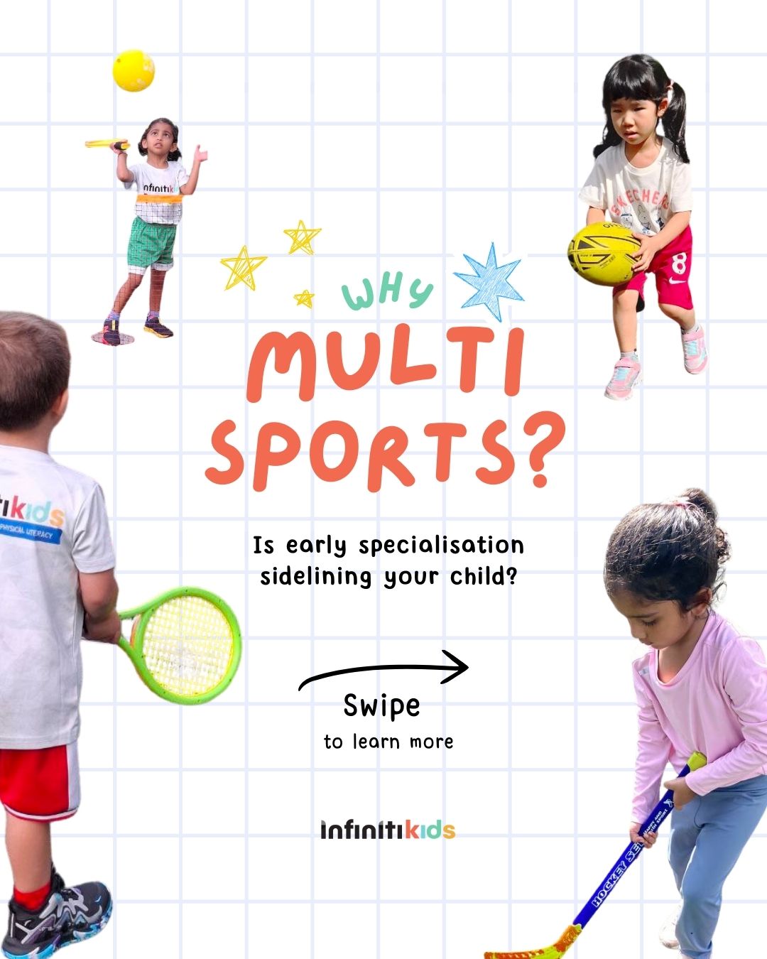 Specialisation can wait. Let them play! ✨
At Infiniti Kids, we swap early burnout for lifelong physical literacy. Our multi-sports approach ensures children aged 3–6 stay confident, motivated, and injury-free through varied, non-competitive play.
Swipe to see why a multi-sport foundation beats early specialisation every time. ➡️
🧡 Ready to see the difference?
🎁 45-minute Trial Session at just $15.
Book now via the link in our bio and join us at The Arena, 48 Woodleigh Park.
#infinitikidssg #physicalliteracy #multisports #activekidssg #woodleighpark #thearenasg #healthyfoundations