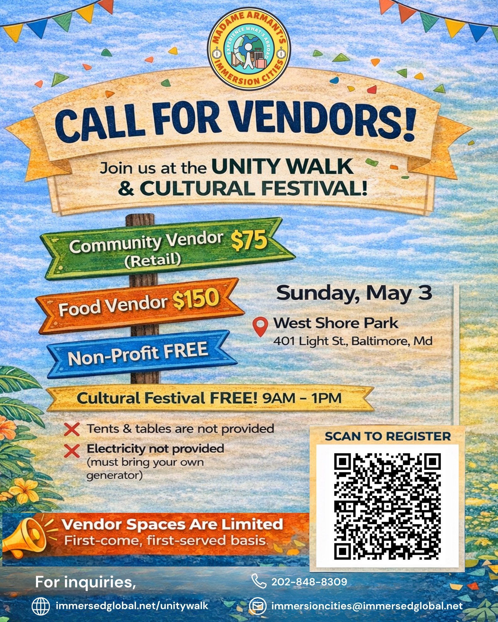 🎉 CALLING ALL VENDORS! 🎉
Local businesses, food vendors, and community organizations — this is for you! Join us for the Unity Walk & Cultural Festival on Sunday, May 3 at West Shore Park and connect with the community in a vibrant, culture-filled event.
🛍 Community Vendors: $75
🍴 Food Vendors: $150
🤝 Nonprofits: FREE
✨ Cultural Festival is FREE for the public (9AM–1PM)
⚠️ Vendor spaces are limited and available on a first-come, first-served basis!
If you’re a business or organization, we’d love to have you be part of this experience. Secure your spot now — scan the QR code or visit the link in our bio to register 📲
Tag a Baltimore vendor who should join us! 👇
#ImmersedGlobal #MAIC #BaltimoreEvents #BaltimoreVendors #SupportLocalBaltimore #VendorCall #CulturalFestival