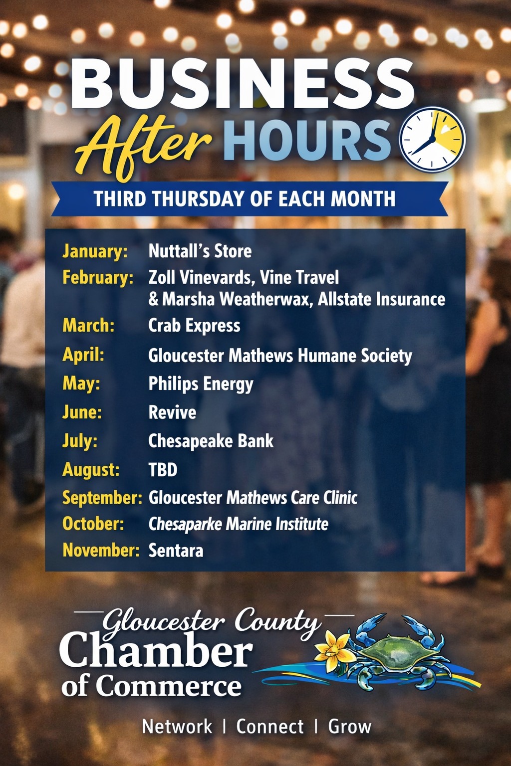 📅 Mark Your Calendars – 2026 Business After Hours Schedule! 📅
We’re excited to share our full lineup of Business After Hours (BAH) events for the year! 🎉
Each month, we’ll be hosted by one of our incredible Chamber members—giving you the opportunity to connect, build relationships, and support local businesses throughout our community.
🤝 These events are a great way to:
• Grow your network
• Learn more about local businesses
• Stay engaged with the Chamber
👉 Be sure to mark your calendars and plan to join us—we’d love to see you at each event!
#GloucesterChamber #BusinessAfterHours #Networking #SupportLocal #CommunityStrong