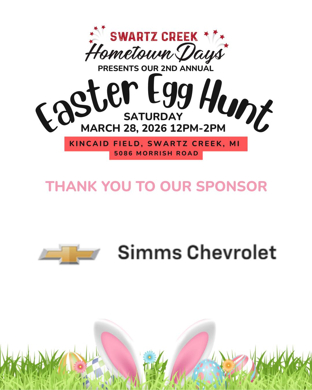 Thank you to Simms Chevrolet for sponsoring our 2nd Annual Easter Egg Hunt!
Your support helps make this event a special day for the kids and families in our community.