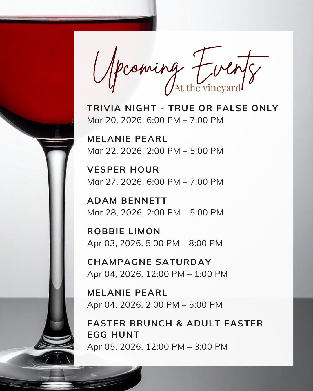 Looking for something to add to your week? Take a look at our event calendar to see what’s coming up at Briedé Family Vineyards. From live music and tastings to special events and seasonal gatherings, there’s always something happening here.
Plan your visit and come spend some time with us at the vineyard.