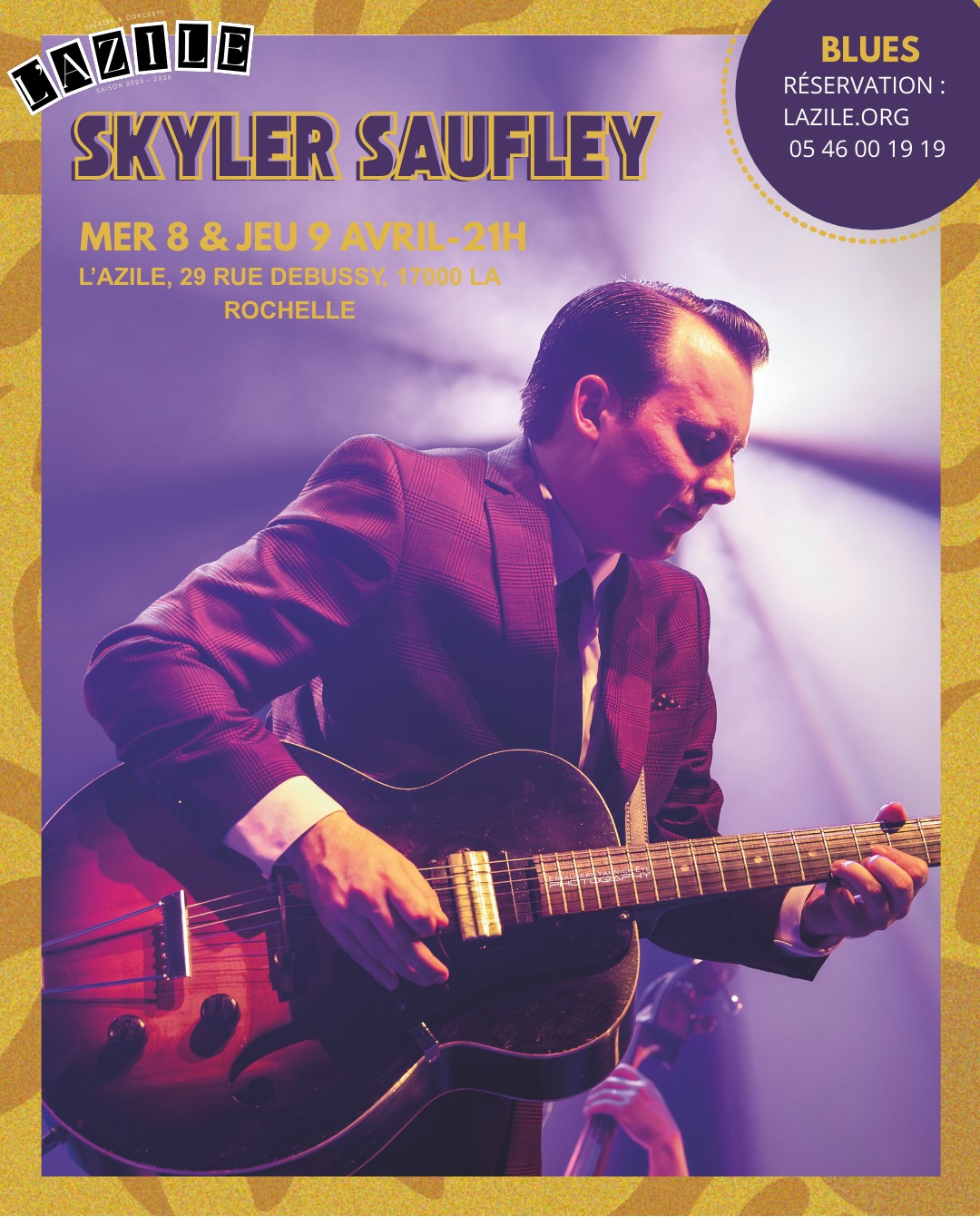 🎶Retrouvez Skyler Saufley le mercredi 8 & jeudi 9 avril à 21h à l'Azile.
📖Musicien autodidacte et multi-instrumentiste, récemment intronisé au Alabama Blues Hall of Fame, Skyler Saufley n’est pas un artiste de blues comme les autres — et son parcours pour le devenir est tout aussi singulier.
Spécialiste du jump, du swing et du blues « West Coast », doté d’une présence scénique impeccable et d’un sens inné du show, il s’impose naturellement, rappelant l’esprit de légendes comme T-Bone Walker ou Pee Wee Crayton.
🎫Billetterie : lazile.org/billetterie - 05 46 00 19 19
@denis.agenet