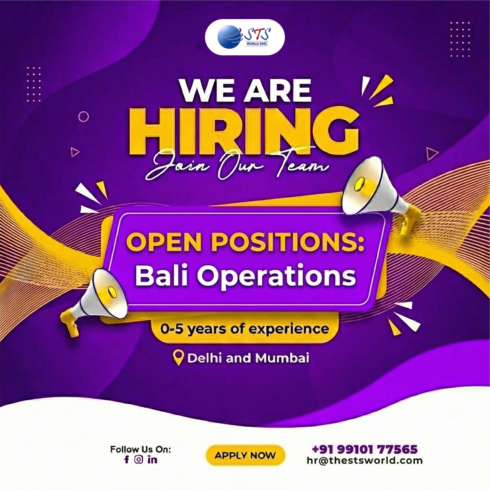 🔥 We Are Hiring – Join STS World Team 👥
Open Positions:
Bali Operations (0-5 years exp., Bali location)
📍Delhi & Mumbai (locations)
Apply now!
📞 +91 91017 7565
📧 hr@thestsworld.com
🌐 www.thestsworld.com
#Hiring #BaliOperations #TravelJobs #hiringalert #jobshiring #jobopportunities