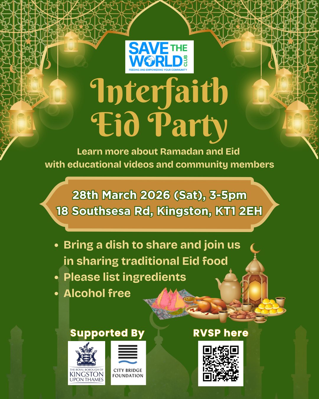 Join us for this fantastic upcoming event to celebrate the end of #Ramadan. Learn more about Ramadan and #Eid with educational videos and #community members.
📆28th March ⏰3-5pm 📍18 Southsea Rd, #KingstonUponThames KT1 2EH
This event is for everyone, spaces are #free, but limited, please book on our website to guarantee your spot: https://www.savetheworldclub.org/events (see tonight's story or our "Upcoming Events" highlight for the link).
If bringing food, please attach the ingredients list. As with all our events this will be #AlcoholFree.
We welcome you to share, and have a good evening!
#Culture #Food #charityevent #kingston #surbiton #tolworth #chessington #celebration #newmalden
