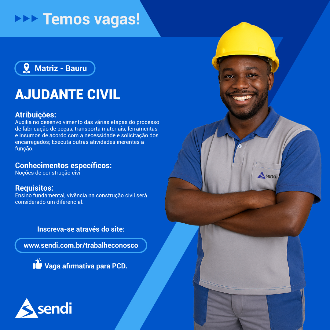 Temos vagas! O Grupo Sendi está com diversas vagas disponíveis no Portal de Recrutamento. E caso não encontre nenhuma com o seu perfil, fique tranquilo(a), é só deixar o seu currículo cadastrado em nosso Banco de Talentos (link da bio). 😉
✅ Ajudante Civil;
✅ Auxiliar de Expedição;
✅ Pedreiro;
✅ Armador;
✅ Soldador;
✅ Mecânico Industrial;
✅ E mais...
➡ Acesse: https://www.sendi.com.br/trabalheconosco (link da bio), escolha sua vaga e faça o seu cadastro!
Todas as vagas são afirmativas para PCDs.
#vagas #oportunidades