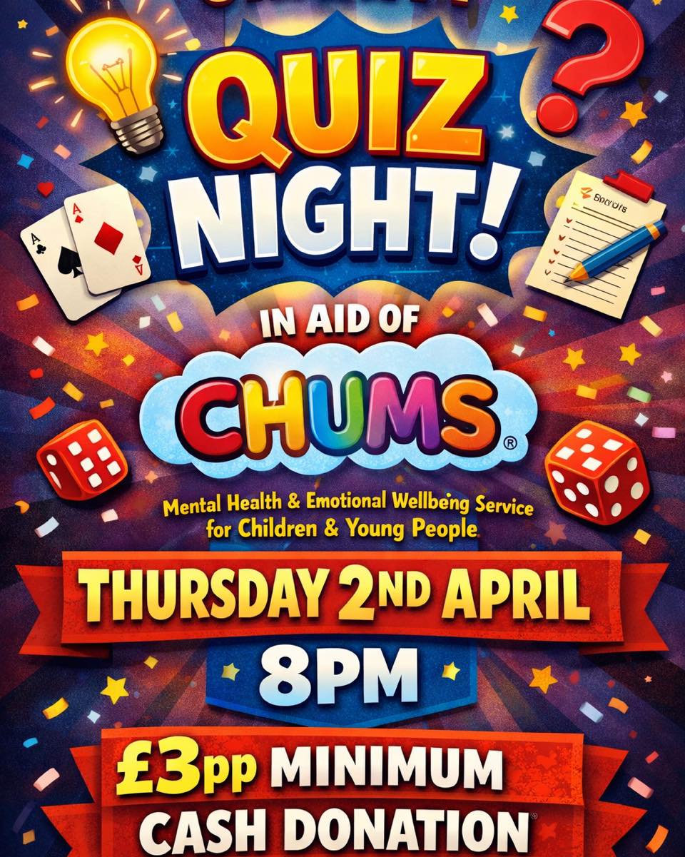 Join us for a fun-filled evening and put your knowledge to the test!
🗓 Date: 2nd April
🕗 Time: 8:00 PM
💷 Entry: £3 per person (minimum CASH donation)
All proceeds go towards supporting CHUMS 💛
Bring your friends, form a team, and enjoy a great night for an even greater cause!
Booking is essential.
#QuizNight #CharityEvent #SupportLocal #CHUMS