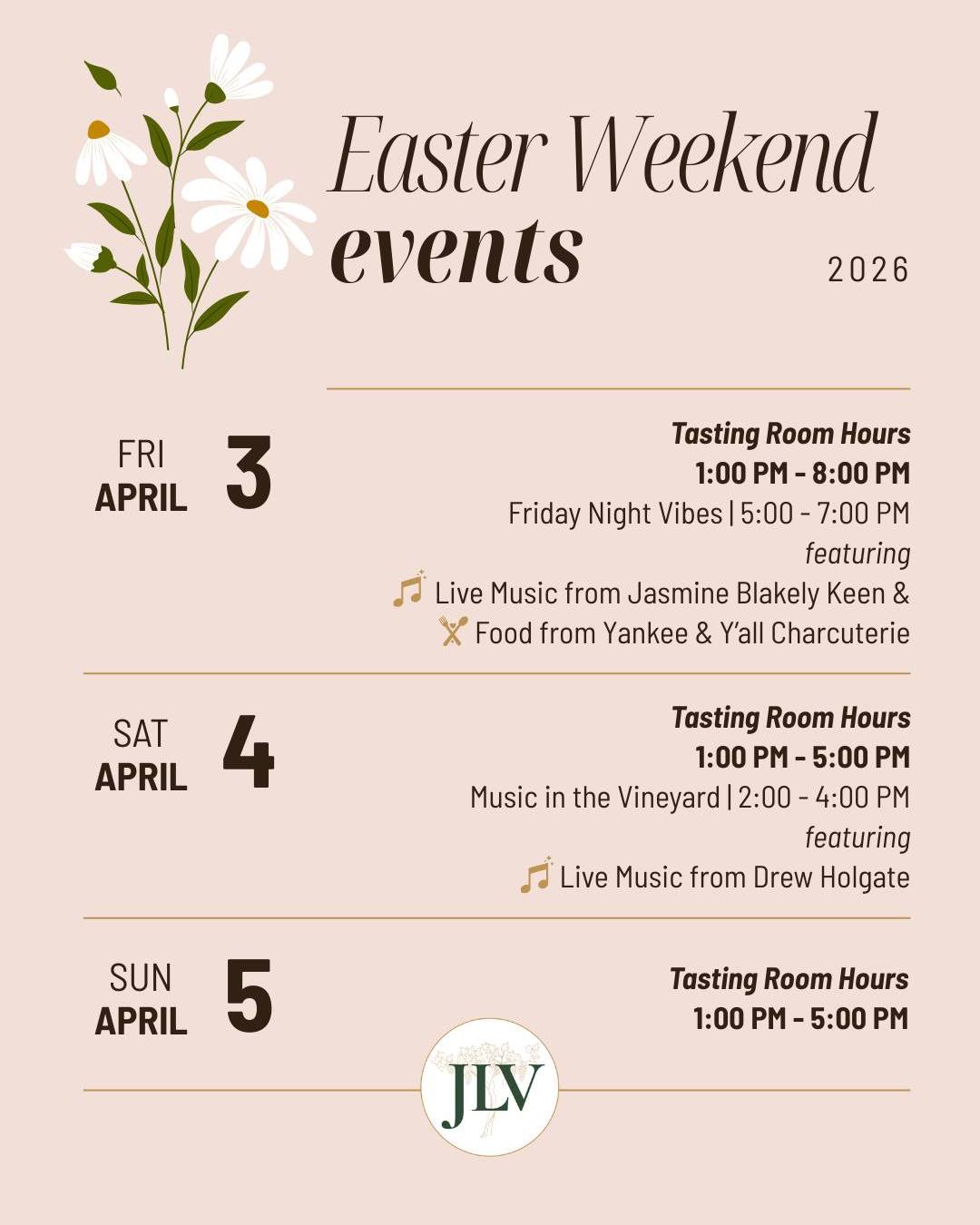 Elevate your Easter weekend with a visit to our tasting room. Whether you're catching up with family or unwinding with friends, we have the perfect bottle waiting for you.🥂✨
🌼 Friday (1-8pm): Wind down with our Friday Night Vibes featuring live music & food from 5-7pm. @ajazzofalltrades @yankeeyallcharcuterie2025
🌼 Saturday (1-5pm): Enjoy Music in the Vineyard from 2-4pm. Picnics and snacks welcome. @drewholgatemusic
🌼 Sunday (1-5pm): Relax and enjoy a quiet holiday pour. Outside food welcome.
