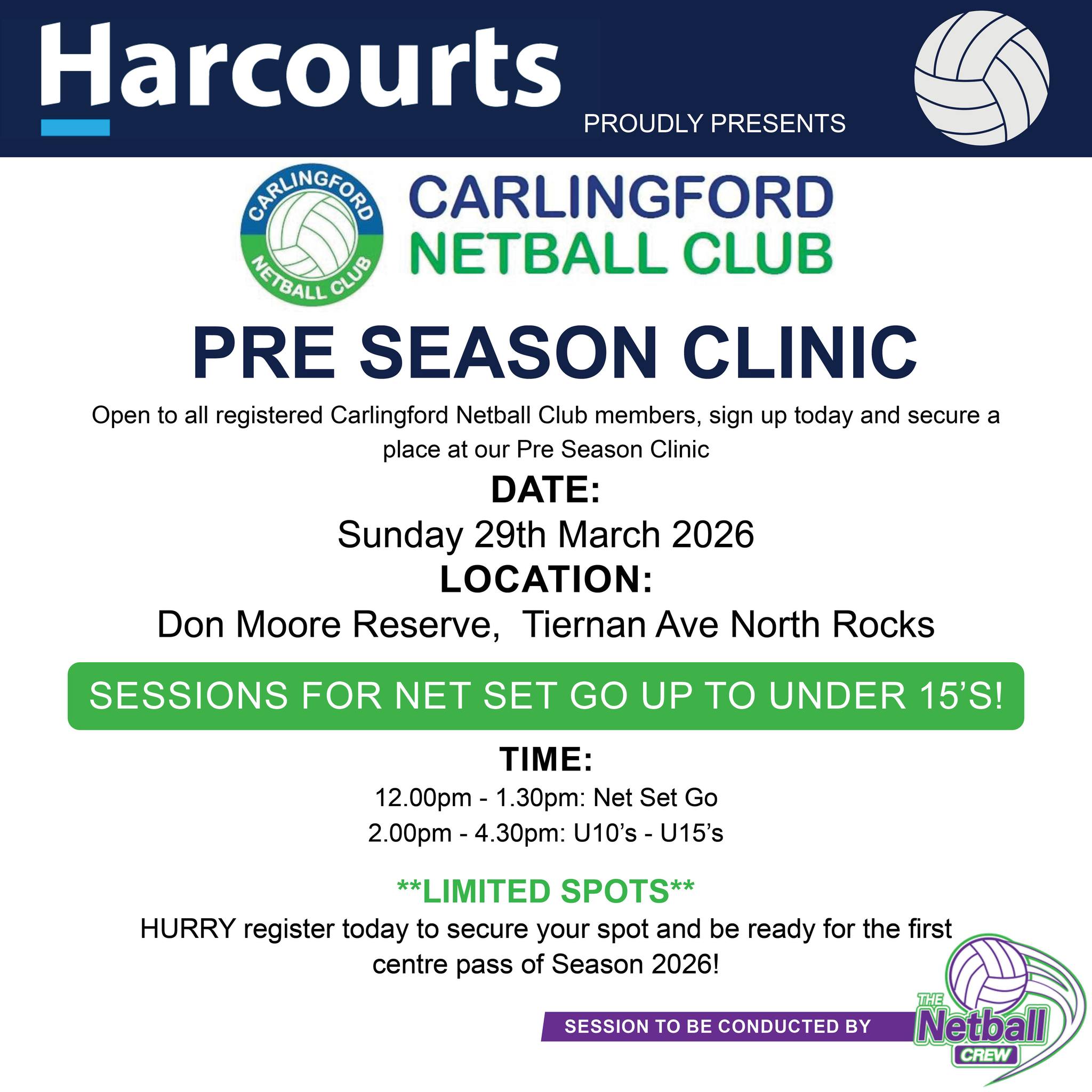 ๐โจ PRE-SEASON READY! โจ๐
Carlingford Netball Clubโs Pre Season Clinic is here - Sponsored by @harcourts_exclusive ourts_exclusive ! ๐
๐
Sunday 29th March 2026
๐ Don Moore Reserve, North Rocks
Trained by @thenetballcrew
From Net Set Go to U15โs โ weโve got sessions for everyone to sharpen skills, build confidence & get game-ready
โก Limited spots available โ donโt miss out!
https://forms.gle/RXzME5QtHEXhv2hD8
#CarlingfordNetball #PreSeasonReady #NetballNSW #GameOn #NetSetGo #JuniorNetball