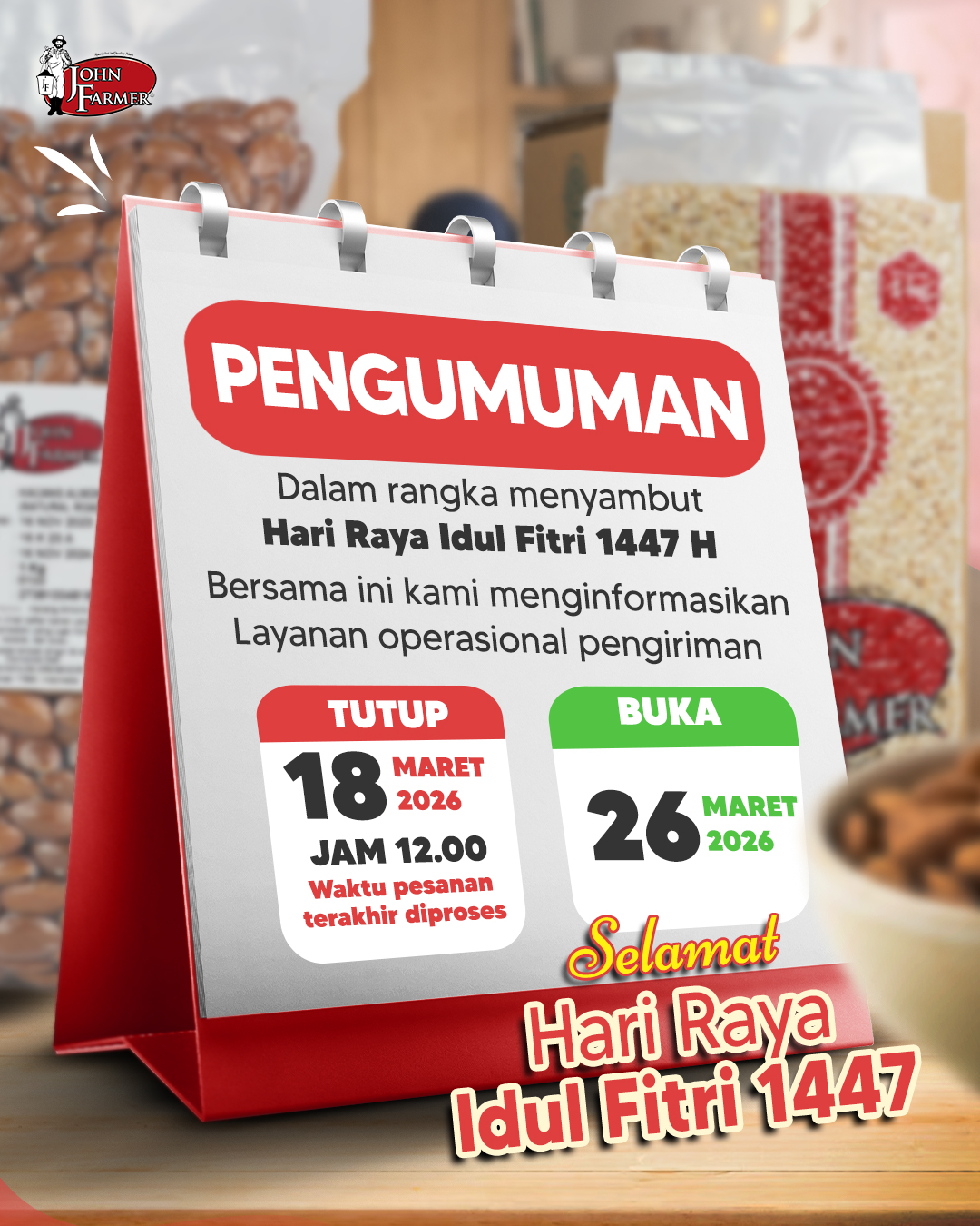 Halo Nutiez! ✨
Nggak terasa, sebentar lagi kita akan menyambut Hari Lebaran nih 🕌💛
Buat kamu yang masih mau order produk Almonesia, masih bisa banget ya sampai besok, 18 Maret 2026 pukul 12.00 siang! ⏰ Jangan sampai kelewatan ya!
Setelah itu, mimin akan rehat sejenak dan kembali buka order mulai 26 Maret 2026 🙌
Terima kasih banyak atas support kalian selama ini 💖
Mimin dan tim John Farmer mengucapkan:
Selamat Hari Raya Idul Fitri 🌙✨
Mohon maaf lahir dan batin 🙏💛
Sampai ketemu lagi setelah libur ya, Nutiez! 🥰