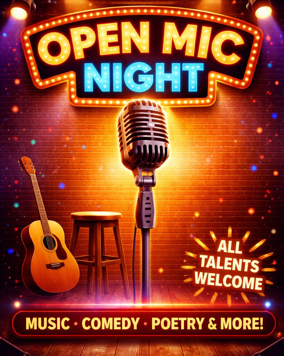 🎤Open Mic Night🎤
Starting this April, join us on the second Thursday of every month as Mat Roberts hosts our very own Open Mic Night in the covered courtyard.
Got a talent you’d like to share? We’d love to see you perform. No booking required—just turn up and take centre stage.
Launch night: Thursday 9th April
Time: 7:30 PM – 9:30 PM