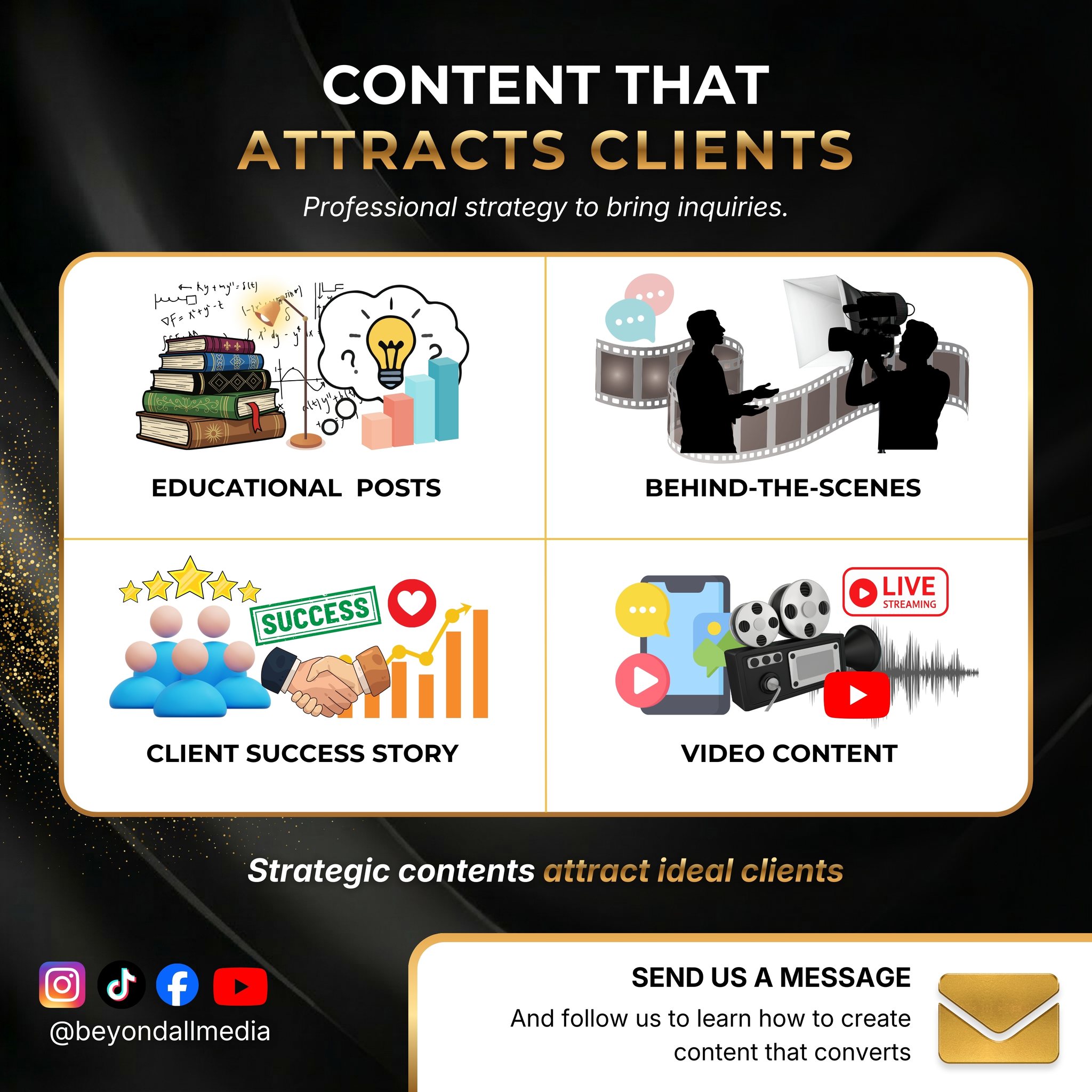 Most businesses aren’t struggling with content…
They’re struggling with the right content.
Not everything you post brings clients.
But the right mix does 👇
• Educational posts that build trust
• Behind-the-scenes that feel real
• Success stories that prove results
• Video content that stops the scroll
This is how you turn views into inquiries.
At Beyond All Media, we don’t just create content — we build strategies that attract the right clients.
Ready to stop guessing and start converting? Send us a message.
#socialmediamarketing #contentstrategy #digitalmarketingtips #leadgeneration #realestatemarketing #videomarketing #brandingstrategy #beyondallmedia