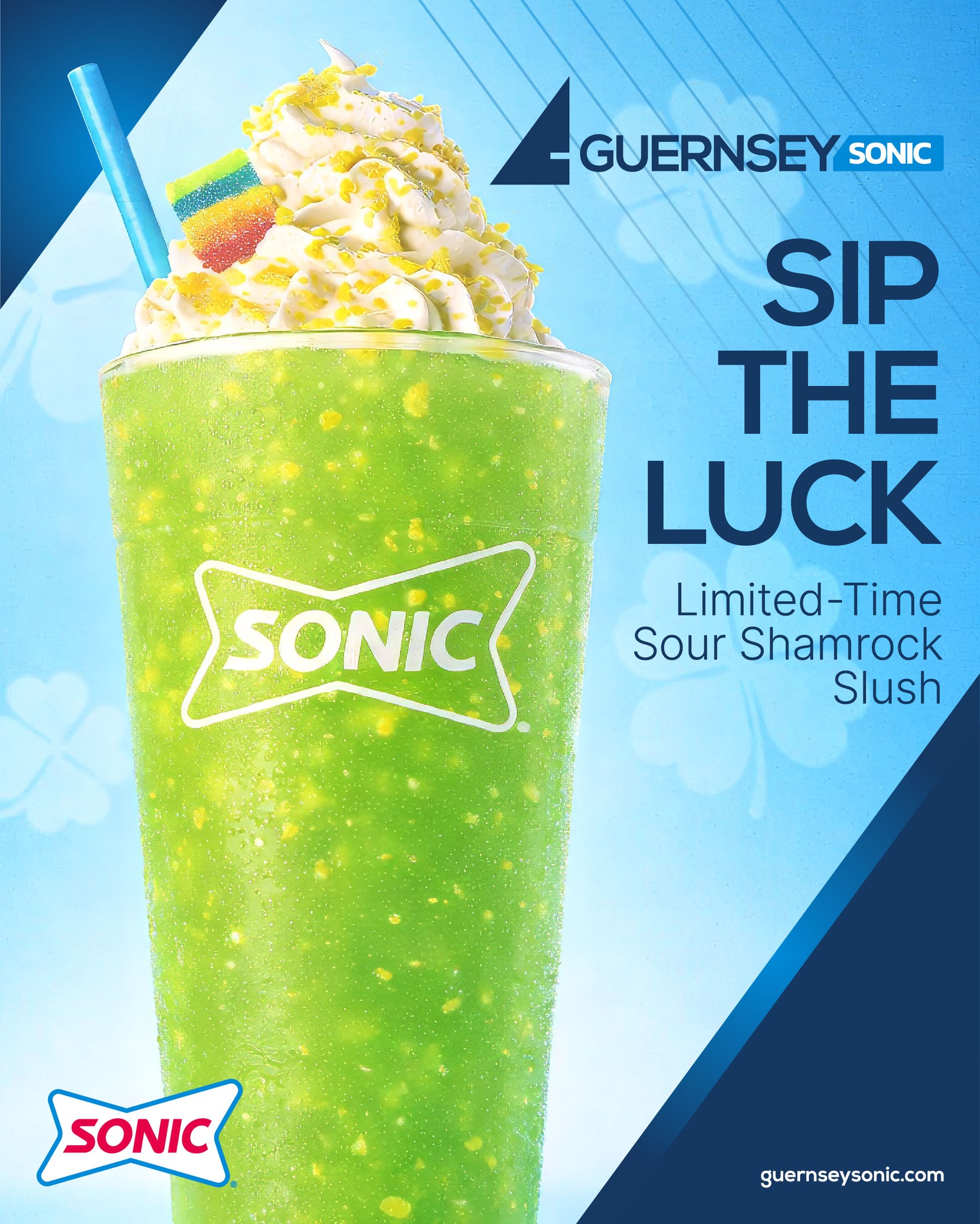 Lucky never tasted so bold!
The new Sour Shamrock Slush has arrived at Sonic: bright, bold, and just the right amount of sour.
Grab yours before it disappears at your nearest Guernsey Sonic!
#GuernseySonic #SourShamrockSlush #SonicDriveIn #SeasonalSips #BoldFlavors