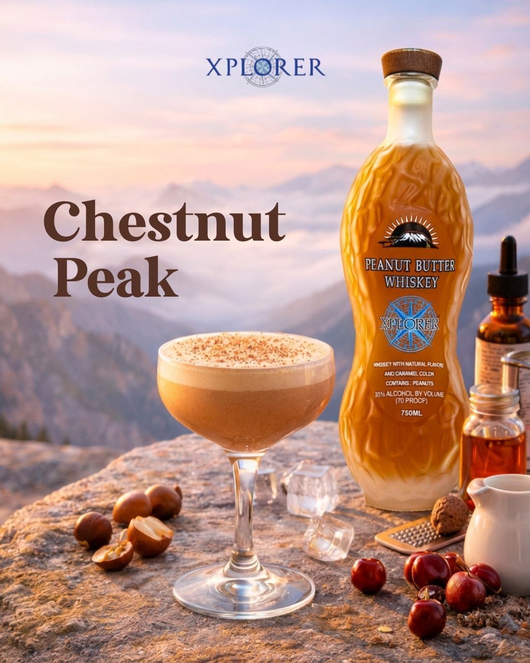 Roasted chestnut sweetness pairs beautifully with peanut butter whiskey for a cozy sip.
#XplorerSpirits #PeanutButterWhiskey #ChestnutCocktail #NuttyIndulgence #CraftCocktails