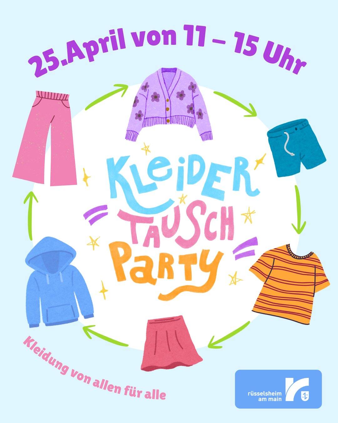 „Kleider von allen für alle“ – Große Tauschparty im Rollwerk
Das Jugendbildungswerk und das Klimaschutzmenagement der Stadt Rüsselsheim am Main laden in Kooperation mit dem Rollwerk zu einer großen Kleidertauschparty ein.
Unter dem Motto „Kleider von allen für alle“ darf am Samstag, 25. April 2026, von 11:00 bis 15:00 Uhr im Rollwerk nach Herzenslust getauscht werden.
Die Veranstaltung setzt ein klares Zeichen für Nachhaltigkeit und bewussten Konsum. Statt neu zu kaufen, erhalten Kleidungsstücke in gutem Zustand eine zweite Chance – das schont Ressourcen, vermeidet Abfall und leistet einen aktiven Beitrag zum Klimaschutz.
So funktioniert die Tauschparty
Pro Person können maximal 10 Teile mitgebracht werden
Die Kleidung muss frisch gewaschen und gut erhalten sein
Keine Unterwäsche oder beschädigte Ware
Vor Ort darf dann die mitgebrachte Kleidung getauscht werden – ganz ohne Geld.
Rahmenprogramm rund um nachhaltige Mode
Neben der Tauschbörse gibt es ein vielseitiges Begleitprogramm:
🎬 Filmvorführung zum Thema Fast Fashion
Ein Filmbeitrag beleuchtet die Auswirkungen der schnelllebigen Modeindustrie und regt zum Nachdenken über nachhaltige Alternativen an.
✂️ Upcycling-Station im vorderen Bereich des Rollwerks
Hier können neu ertauschte Kleidungsstücke kreativ „gepimpt“ und individuell gestaltet werden – von kleinen Änderungen bis zu kreativen Verzierungen.
☕ Kaffee & Kuchen
Das Rollwerk sorgt zusätzlich für eine gemütliche Atmosphäre und bietet Kaffee und Kuchen an.
Die Tauschbörse richtet sich an Jugendliche und Erwachsene gleichermaßen und verbindet Klimaschutz mit Gemeinschaft und Kreativität.
Die Stadt Rüsselsheim am Main freut sich auf zahlreiche Tauschwillige, die gemeinsam ein Zeichen für nachhaltigen Konsum setzen möchten. Alle sind herzlich eingeladen vorbeizukommen, zu stöbern und gemeinsam eine gute Zeit zu verbringen
Gemeinsam tauschen. Gemeinsam gestalten. Gemeinsam Verantwortung übernehmen.