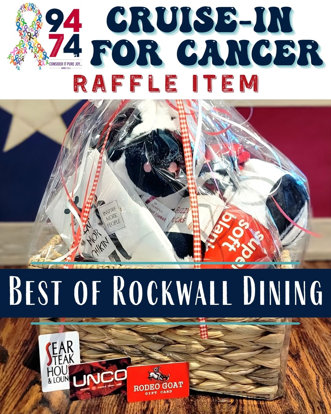 Today's raffle highlight is on our "Best of Rockwall" dining package. Included are 3 gift cards for three of Rockwall's best restaurants - $75 for @rodeogoatburger $75 for @culpeppercattleco and $175 for @searsteakhousetx PLUS a fun gift basket generously donated by Chick-Fil-A, Rockwall.
We'll see you at the Cruise-In for Cancer this Saturday, where you can have the chance to win this amazing package!