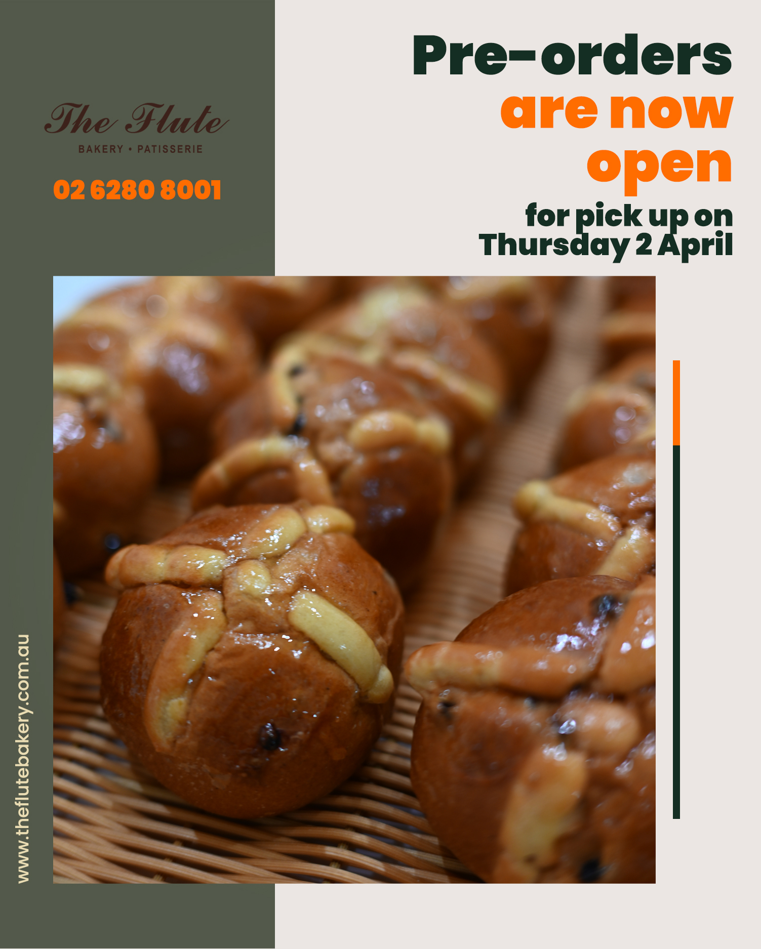 Remember learning Hot Cross Buns on the recorder at school…yeah, ours are a little better than that!
Pre-orders are now open for pickup Thursday 2 April.
Whether you want classic six pack hot cross buns or a mix of our special hot cross buns, the choice is yours!
Special varieties include:
Vanilla custard
Pistachio
Biscoff
Chocolate
Almond
Cinnamon
Minimum six pack of classic hot cross buns, or six pack of mixed variety required for pre-orders.
Call 02 6280 8001 or pop in-store to order yours!
