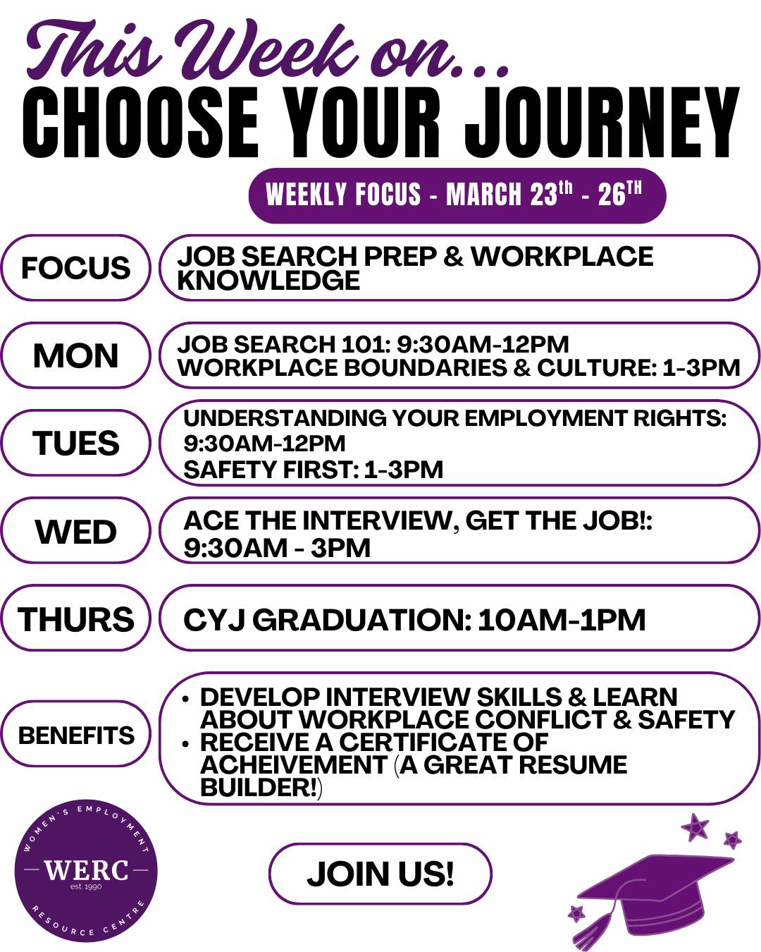 This week we're running our last week of the CYJ program, which is all about preparing you for the workforce! Throughout the week, attendees will have the opportunity to improve their interview skills, learn how to resolve workplace conflict and set boundaries, and have the opportunity to learn about their rights as an employee.
We hope to see you there!
#OxfordCounty #jobsearch #womensupportingwomen #oxfordcounty #womensemployment #werc