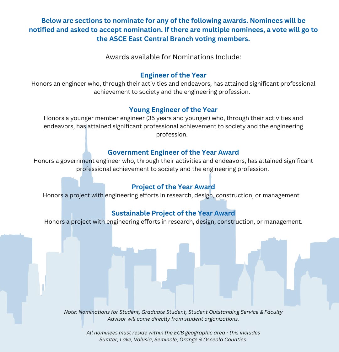 Do you know an engineer or project that deserves to be recognized? The East Central Branch annual awards are now open for nominations! Use the link below to access the nomination form and submit your nominations by next Friday, March 27th!
https://tinyurl.com/2026ECBawards