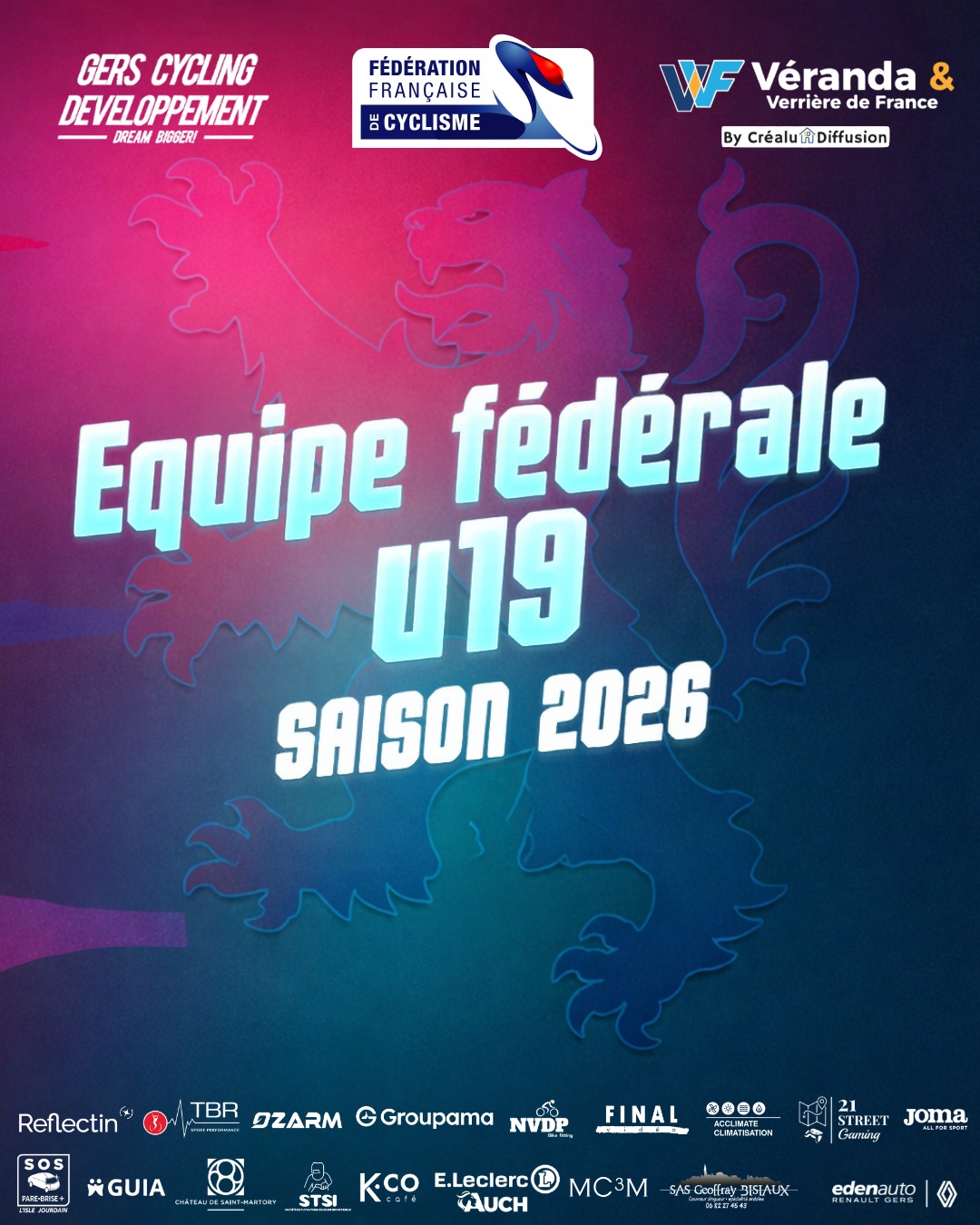 🚨 ALERTE INFO — LABEL FÉDÉRAL U19 ROUTE 2026 🚨
Le Gers Cycling Développement Véranda Verrière de France obtient le label fédéral U19 route 2026.
Une reconnaissance importante pour notre académie, qui vient saluer le travail de structuration engagé autour de la formation, de l’accompagnement et de l’exigence sportive.
Figurer dans la liste officielle des structures labellisées par la @ffcyclisme constitue une étape forte pour notre projet, et une vraie marque de confiance pour la suite.
Cette avancée récompense l’engagement de tout un écosystème :
nos coureurs, notre staff, nos partenaires, les familles, les bénévoles et tous ceux qui croient en cette ambition.
Former. Accompagner. Faire grandir.
Avec humilité, rigueur et professionnalisme.
Rêvons plus grand, ensemble. 🚀🦁
#GersCyclingDeveloppement #GCD #U19 #FFC #Cyclisme #Academie #Formation #Developpement #TalentsDeDemain
@crealudiffusion @eleclercauch @sosparebrisepluslislejourdain @ozarm_custom @21street_gaming @jomasport @groupama @sonia.reflectin STSI @chateausaintmartory GUIA @kcocafe @nvdp_bikefitting @tbrsportperformance MC3M @final__video SAS GEOFFRAY BISIAUX @teamnicemetropolecotedazur_
