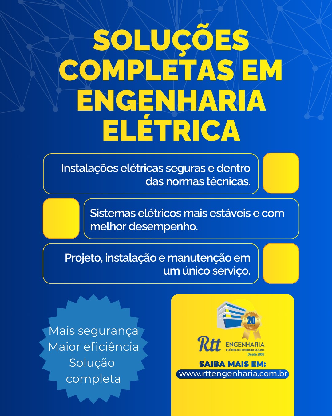 ⚡ Soluções completas em Engenharia Elétrica para quem busca segurança, eficiência e confiabilidade.
Quando o assunto é energia, cada detalhe faz diferença. Um sistema elétrico bem projetado e executado garante mais estabilidade, melhor desempenho e total conformidade com as normas técnicas.
A RTT Engenharia oferece soluções completas para condomínios, empresas e indústrias, com serviços que vão desde o projeto até a instalação e manutenção, tudo com acompanhamento técnico especializado.
Com mais de 20 anos de experiência, entregamos infraestrutura elétrica preparada para o presente e para o futuro.
✔ Instalações elétricas seguras
✔ Sistemas mais eficientes
✔ Soluções completas em um único parceiro
RTT Engenharia - Elétrica voltada a vida, desde 2005.
📍 Atendemos toda a Baixada Santista e litoral de São Paulo
📞 Telefone: (13) 3329-3628
📲 WhatsApp: (13) 3358-2401
📧 comercial@rttengenharia.com.br
🌐 www.rttengenharia.com.br
💡 Fale com nossa equipe e descubra a melhor solução elétrica para seu projeto.
#engenhariaeletrica #instalacaoeletrica #projetoeletrico #manutencaoeletrica #infraestruturaeletrica #energiaeletrica #eficienciaenergetica #condominios #empresas