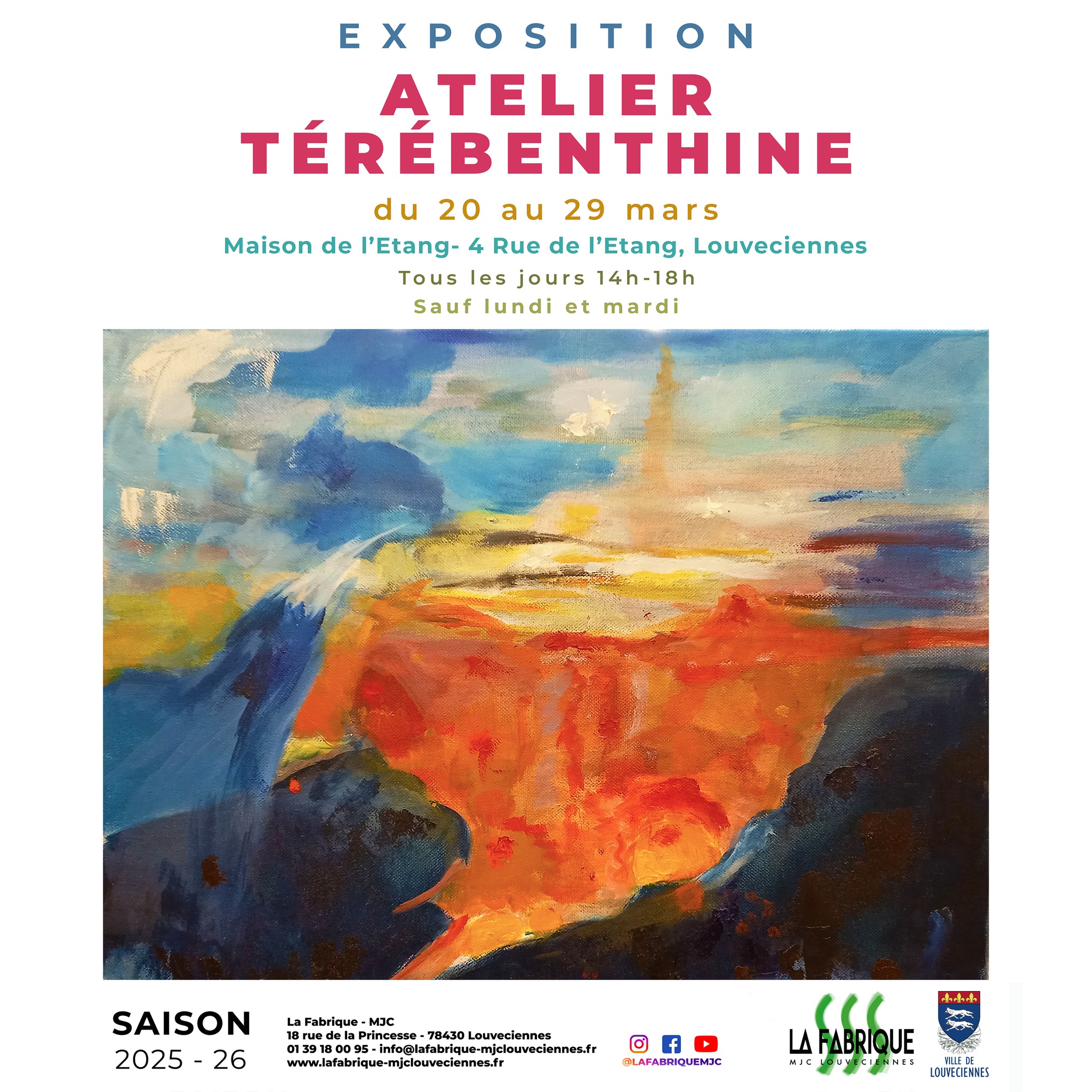 🌟CE WEEK END A LA FABRIQUE MJC🌟
🎨 EXPOSITION TÉRÉBENTHINE
Du vendredi 20 mars au dimanche 29 mars de 14h à 18h
Maison de l’Etang
Tout public - Gratuit - Entrée libre
🍜🥢SOIREE ADOS
Vendredi 20 mars de 19h30 à 22h
Découverte de la cuisine de ramen et création d’un manga collectif !
Gratuit - Sur inscription