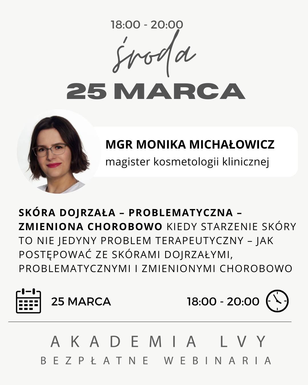 Skóra dojrzała, problematyczna, zmieniona chorobowo
Czy wiesz, że starzenie skóry może maskować – albo nasilać – objawy chorób dermatologicznych?
25 marca wchodzimy poziom głębiej: patofizjologia starzenia, glikacja, stres oksydacyjny, hormony, choroby współistniejące i psychodermatologia.
Dowiesz się, jak pracować ze skórą dojrzałą i problematyczną, kiedy kontynuować terapię, a kiedy odesłać klienta do lekarza. Poznasz autorskie protokoły LVY oraz strategie długofalowej, bezpiecznej pracy.
Dla kosmetologów, którzy chcą być partnerem terapeutycznym – nie tylko wykonawcą zabiegu.
@monika_michalowicz
