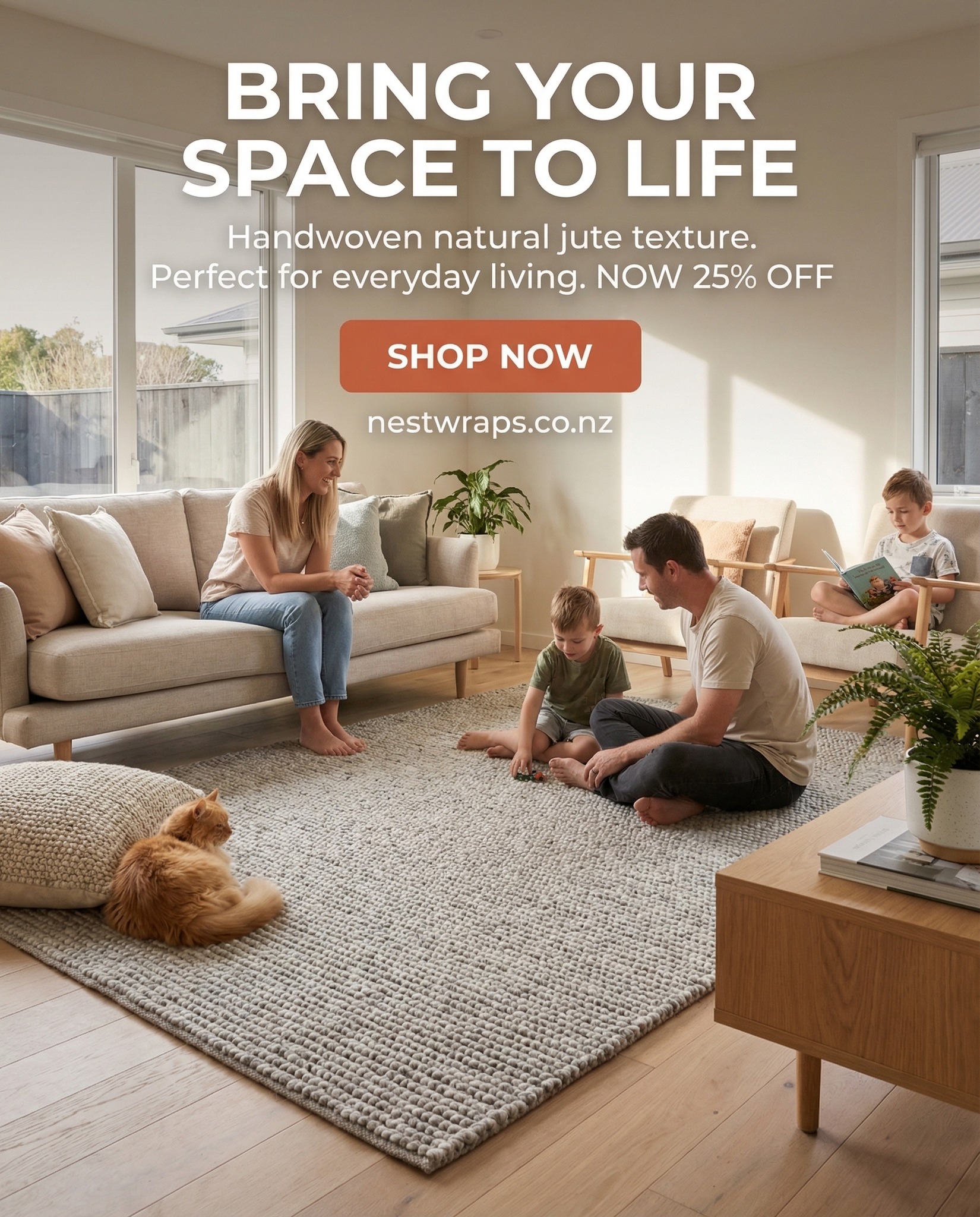 Where life happens, your rug should too.
Our Handwoven Jute Rugs are made for everyday living, whether it’s relaxing, hosting, or sharing the space with family (and pets 🐾). Durable, natural, and easy to style, they bring warmth and texture into any room.
Now 25% OFF for a limited time.
If you haven't yet, subscribe to our newsletter and claim your 5% OFF at nestwraps.co.nz
Free shipping on all orders over $150!
#NestwrapsNZ #JuteRugNZ #FamilyHome #PetFriendlyHome #LivingRoomStyle #NaturalHomeNZ #HomeDecorNZ