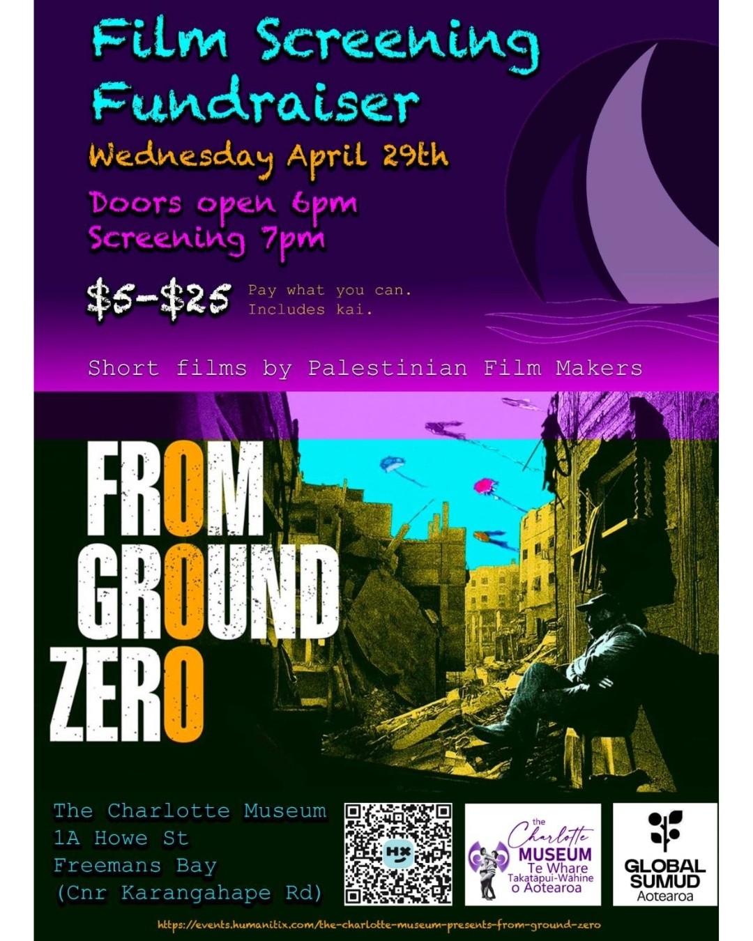 If you missed our last screening this is your opportunity to come together and show community support for @aotearoanz_globalsumud by fundraising for the Aotearoa delegation.
We'll be watching the film From Ground Zero, short films by Palestinian film makers.
Doors 6PM
Screening 7PM
$5-$25 pay what you can
Drink and snacks will be available.
@aotearoanz_globalsumud @tamakistreetmedics
Tickets in bio