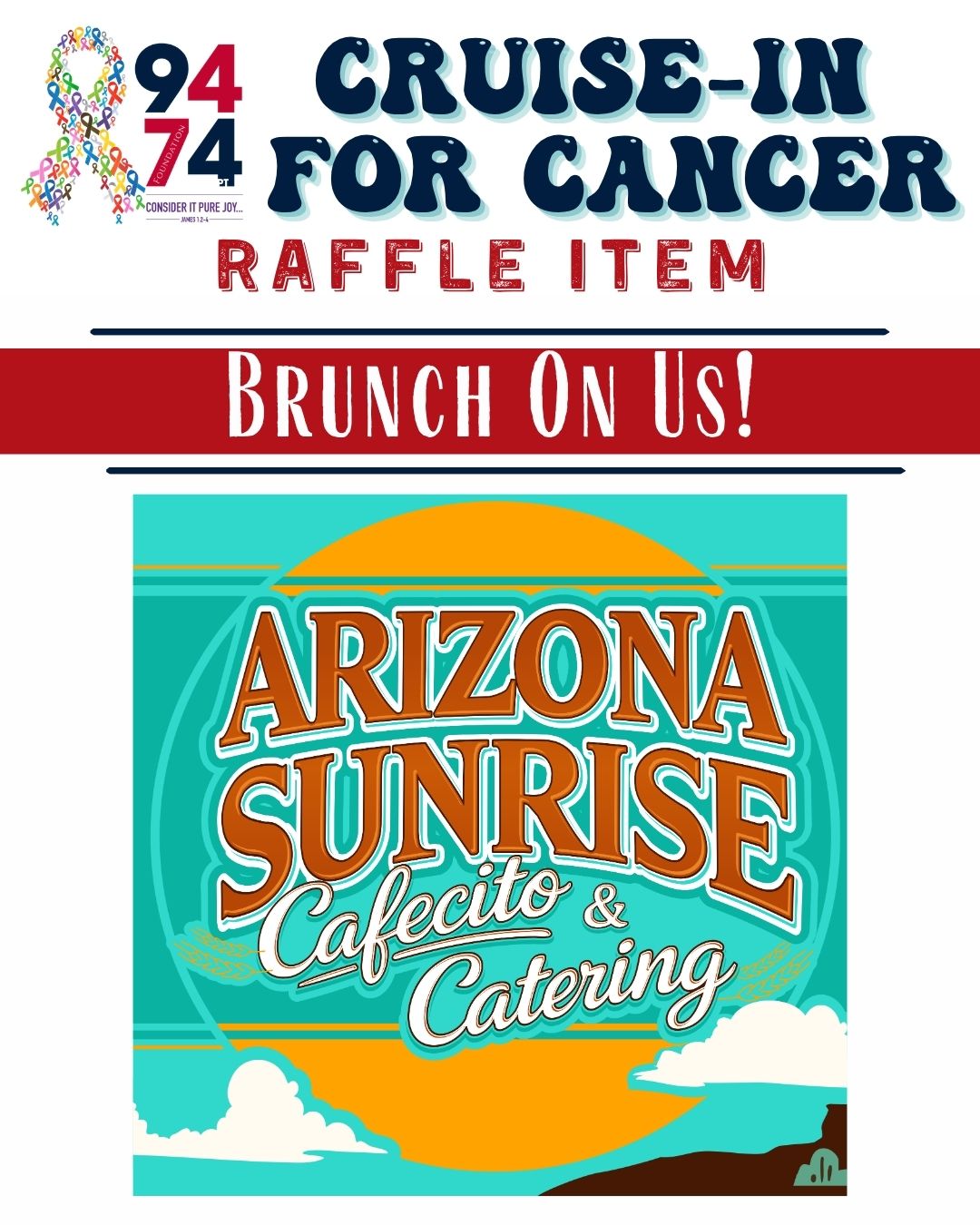 A big THANK YOU to our Cruise-In for Cancer food truck @az_sunrise_cafecito_catering for their generous raffle donation - brunch! They'll cover a brunch for you and your family or friends, up to $75!
Be sure to come try their amazing menu tomorrow during the cruise-in to see why you'll want to take this raffle win home!
#cruiseinforcancer2026