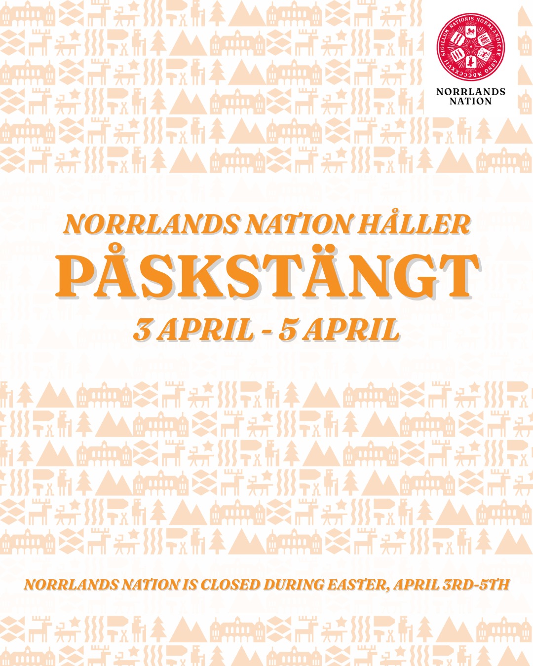 Norrlands nation kommer ha stängt under påsken, mellan 3 april och 5 april. Välkommen åter måndagen den 6 april, då vi återgår till vår ordinarie verksamhet!
🐣 Glad påsk önskar Norrlands nation 🐣
___
Norrlands nation will be closed over the Easter weekend, between April 3rd and April 5th. Welcome back on Monday, April 6th!
🐣 Happy Easter 🐣