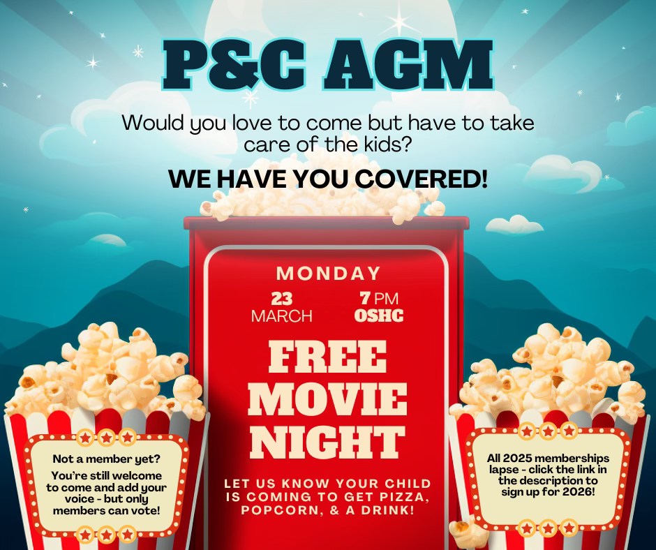 P&C AGM - Tonight @ 7pm in K-Block!
No babysitter? Bring the kids! Sign them up here https://form.jotform.com/240637267436057
