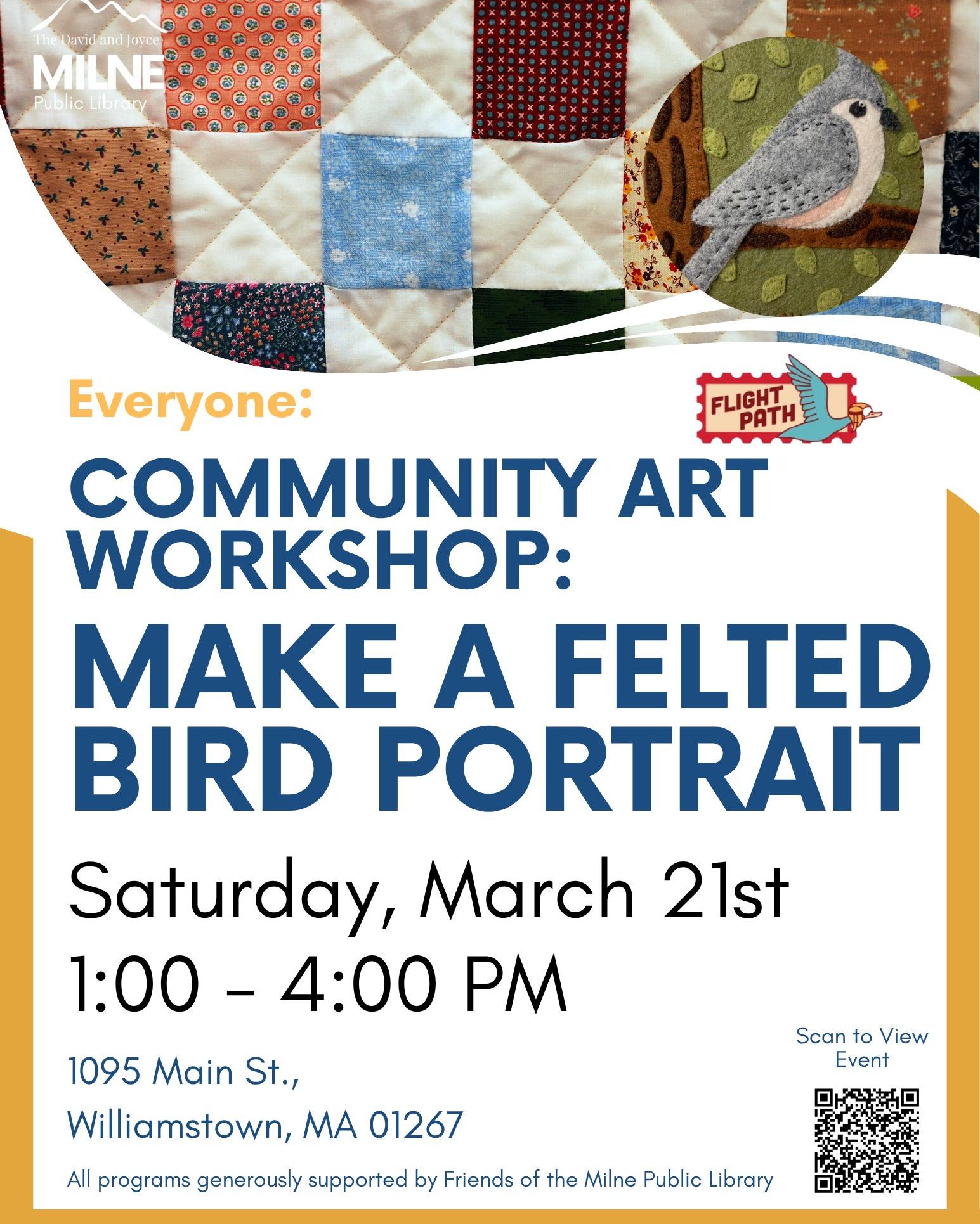 Feel like getting crafty? Celebrate birds with this one-of-a-kind fabric craft tomorrow, Saturday, March 21st at 1:00 p.m.
You'll be learning how to use felt to create collage bird portraitures! If you donate your creation to the library, we will add it to a unique community art installation, displayed for all to enjoy.
This event is one of numerous Flight Path programs, an initiative the library is participating in through the Spring.