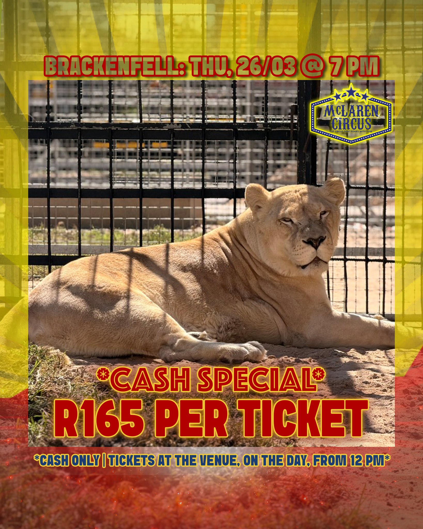 🤹♂️ SPECIAL: Any seat, only R165 each! 🎟️✨
🎪 Step right up to the greatest show in #Africa!
Only valid:
📅 Thu, 26 Mar 2026 @ 7 PM - #BRACKENFELL
📅 Thu, 02 Apr 2026 @ 3 PM & 7 PM - #BRACKENFELL
🎟️ Hurry, these seats are unreserved and sell fast! Tickets are CASH ONLY and are available, at our ticket office, from 12 PM on the show day.